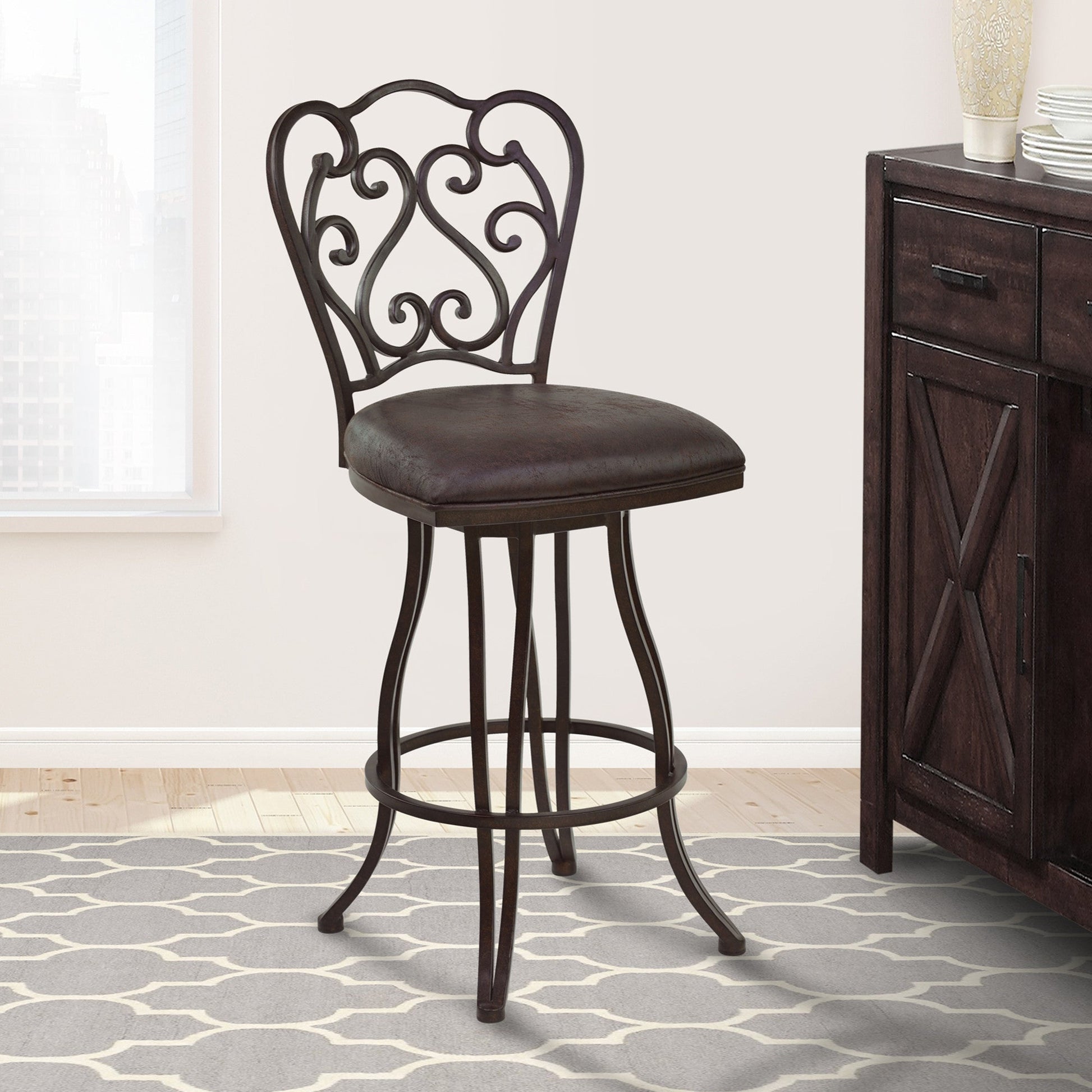 HomeRoots 30" Dark Espresso Scroll Back Metal Swivel Bar Stool