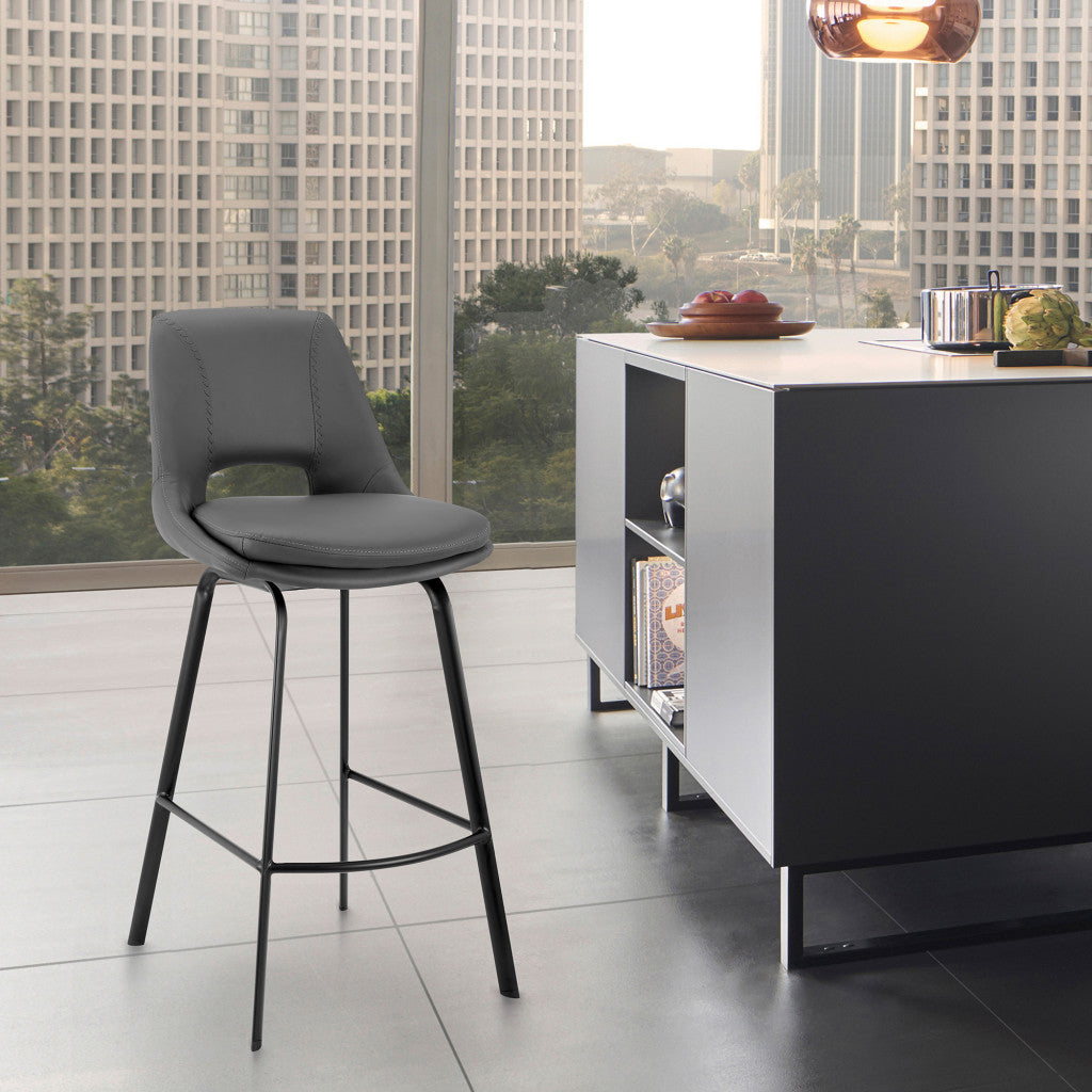HomeRoots 30" Elegant Grey Faux Leather and Black Metal Armless Swivel Bar Stool