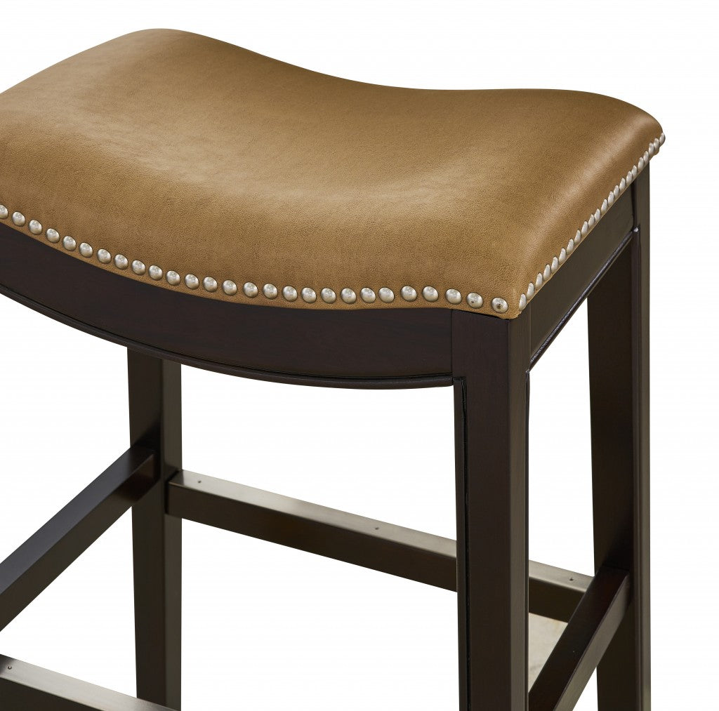 HomeRoots 30" Espresso and Carmel Saddle Style Counter Height Bar Stool