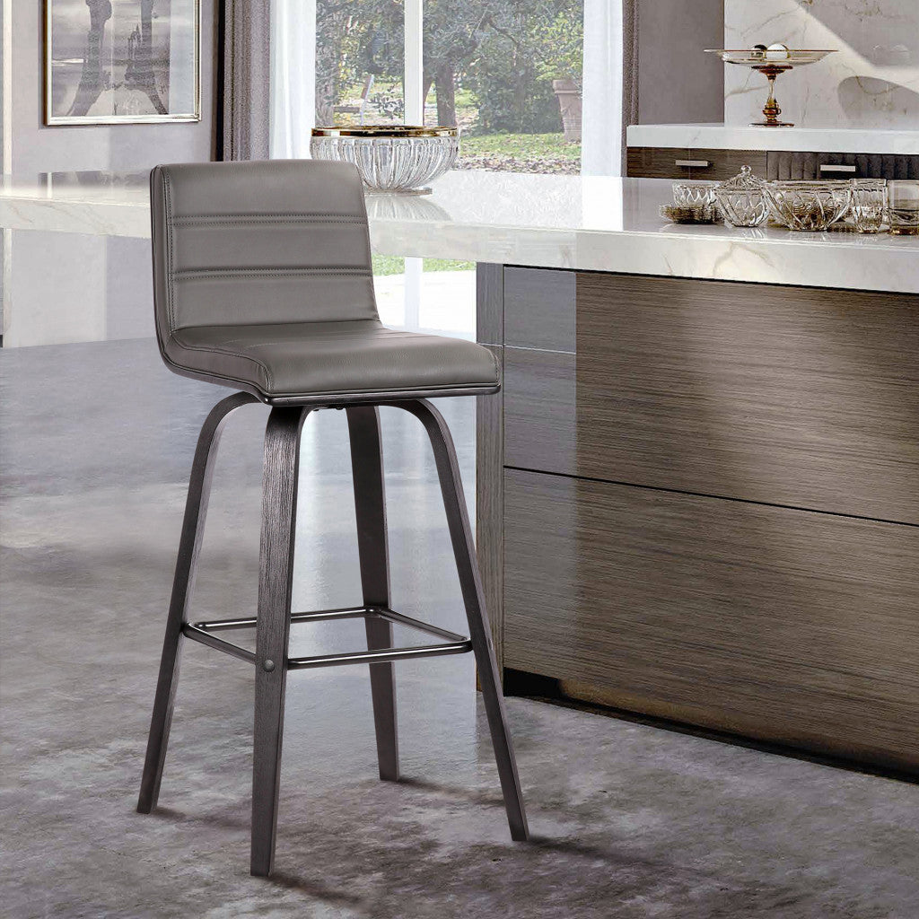 HomeRoots 30" Gray Faux Leather Black Wooden Swivel Bar Stool