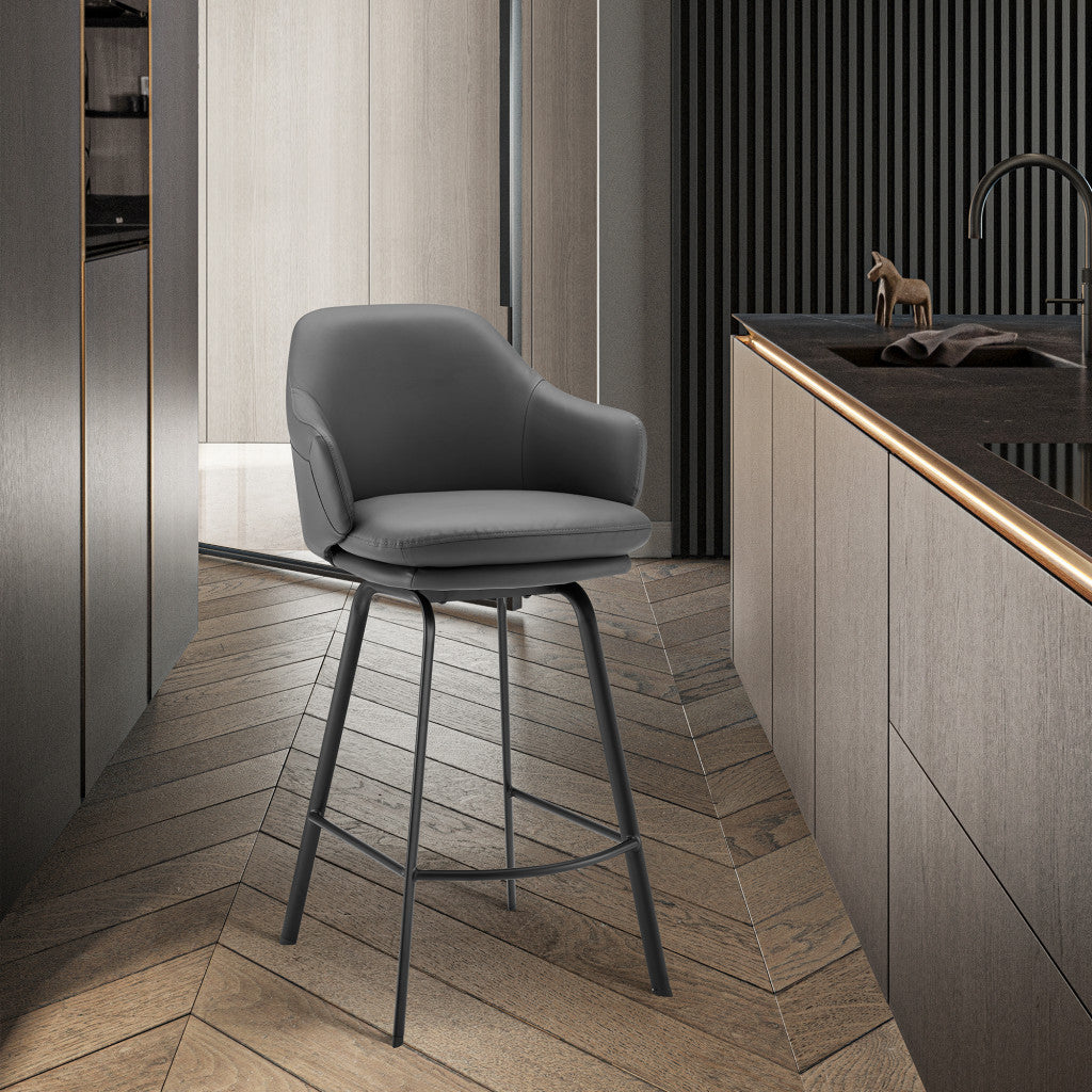 HomeRoots 30" Gray Faux Leather and Black Metal Swivel Bar Stool
