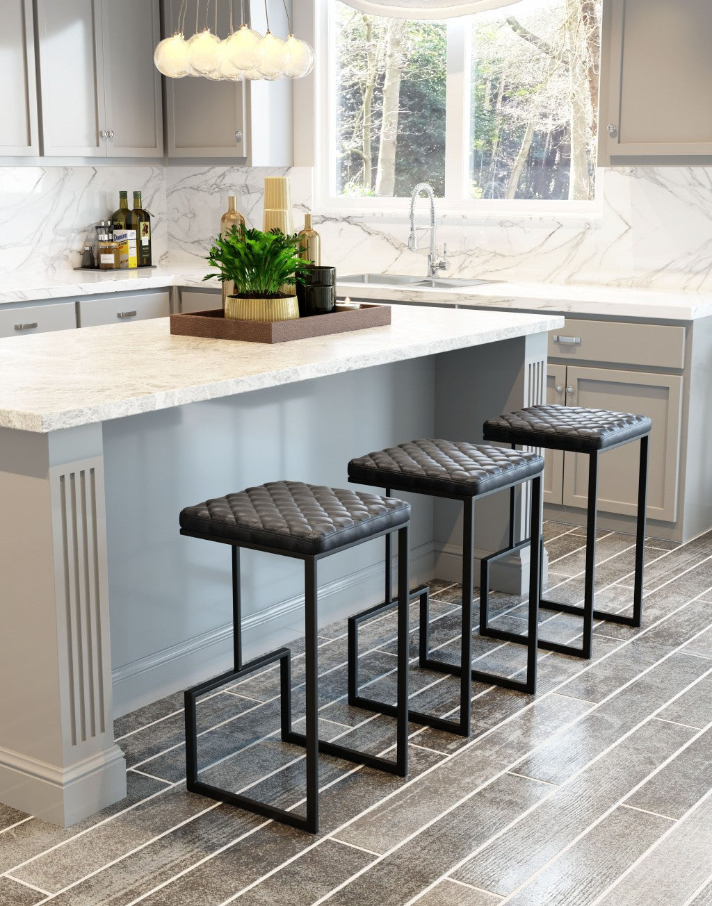 HomeRoots 30" Gray Steel Backless Bar Height Chair With Black Base Finish