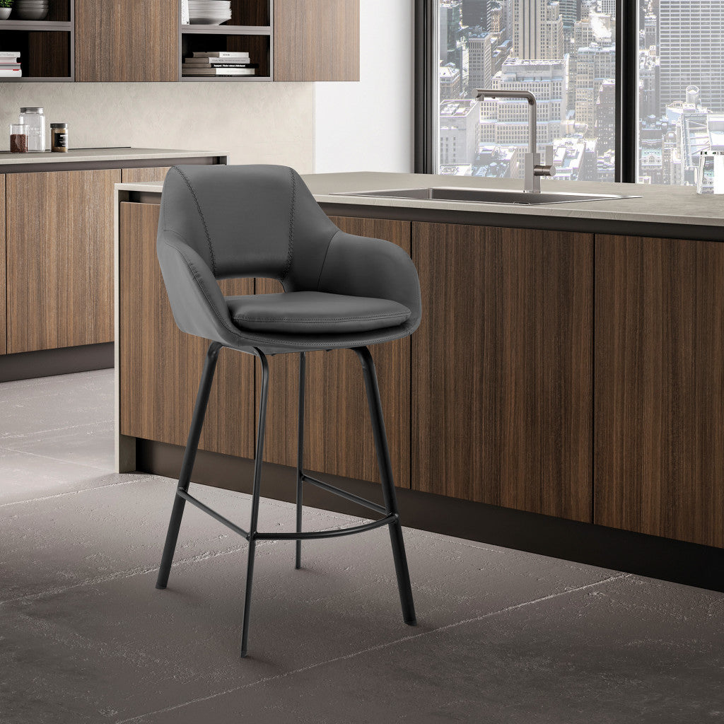 HomeRoots 30" Gray on Black Faux Leather Comfy Swivel Bar Stool