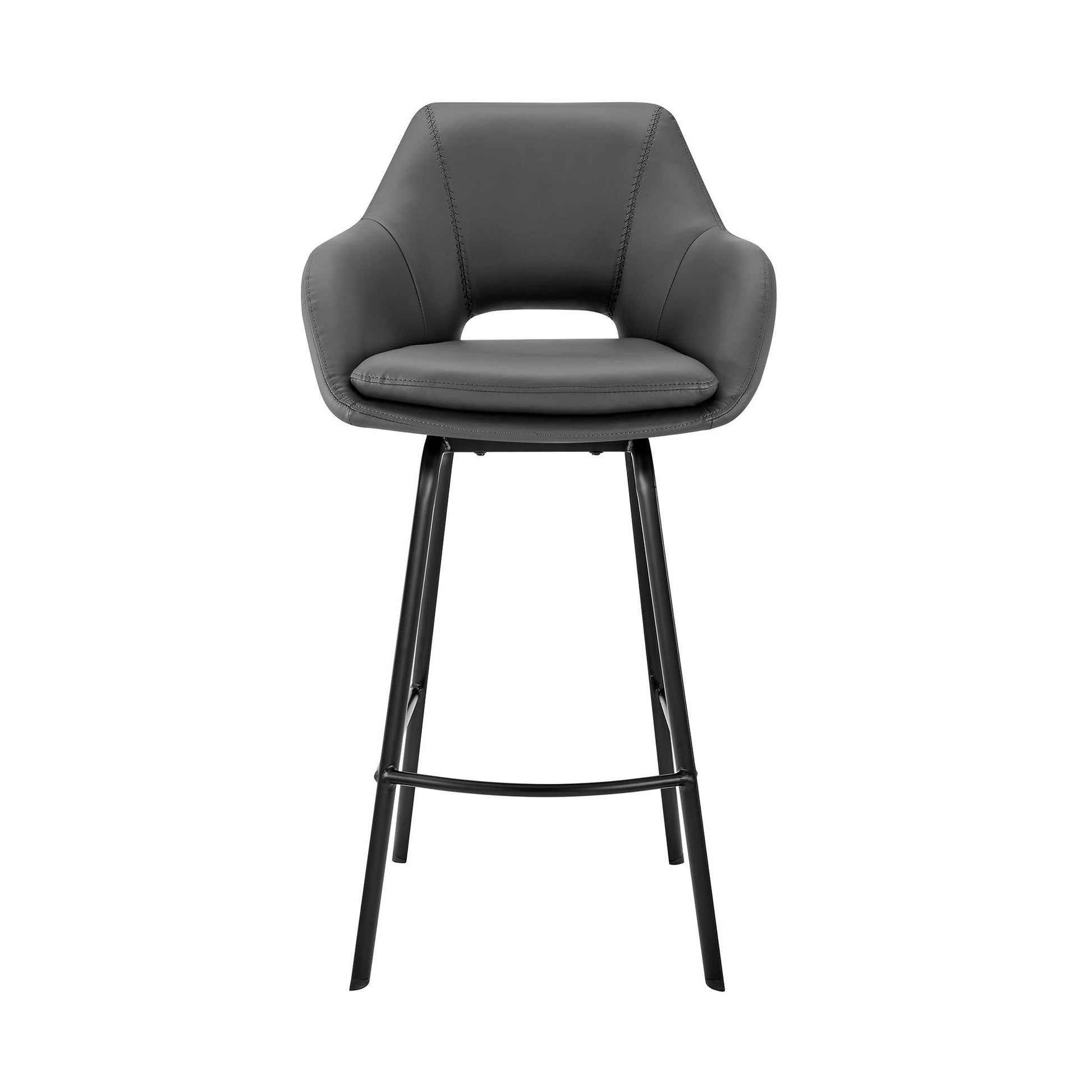 HomeRoots 30" Gray on Black Faux Leather Comfy Swivel Bar Stool