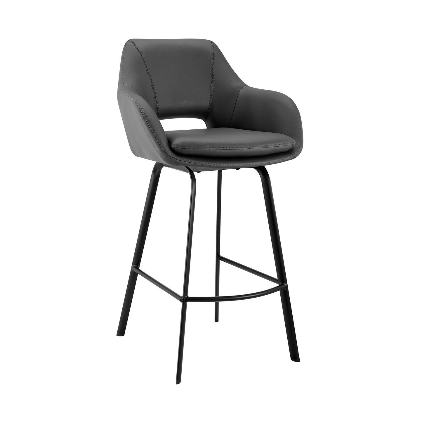 HomeRoots 30" Gray on Black Faux Leather Comfy Swivel Bar Stool