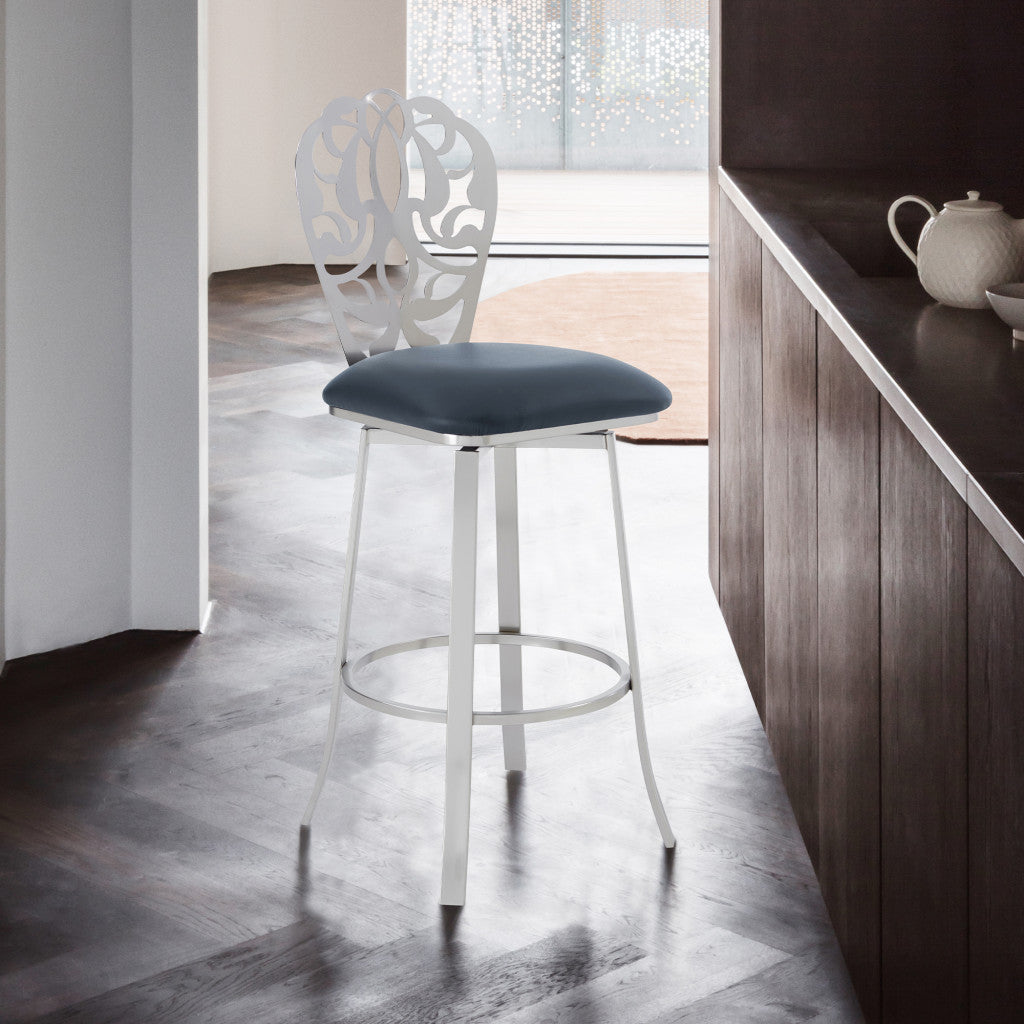 HomeRoots 30" Grey Faux Leather Scroll Brushed Stainless Steel Swivel Bar Stool