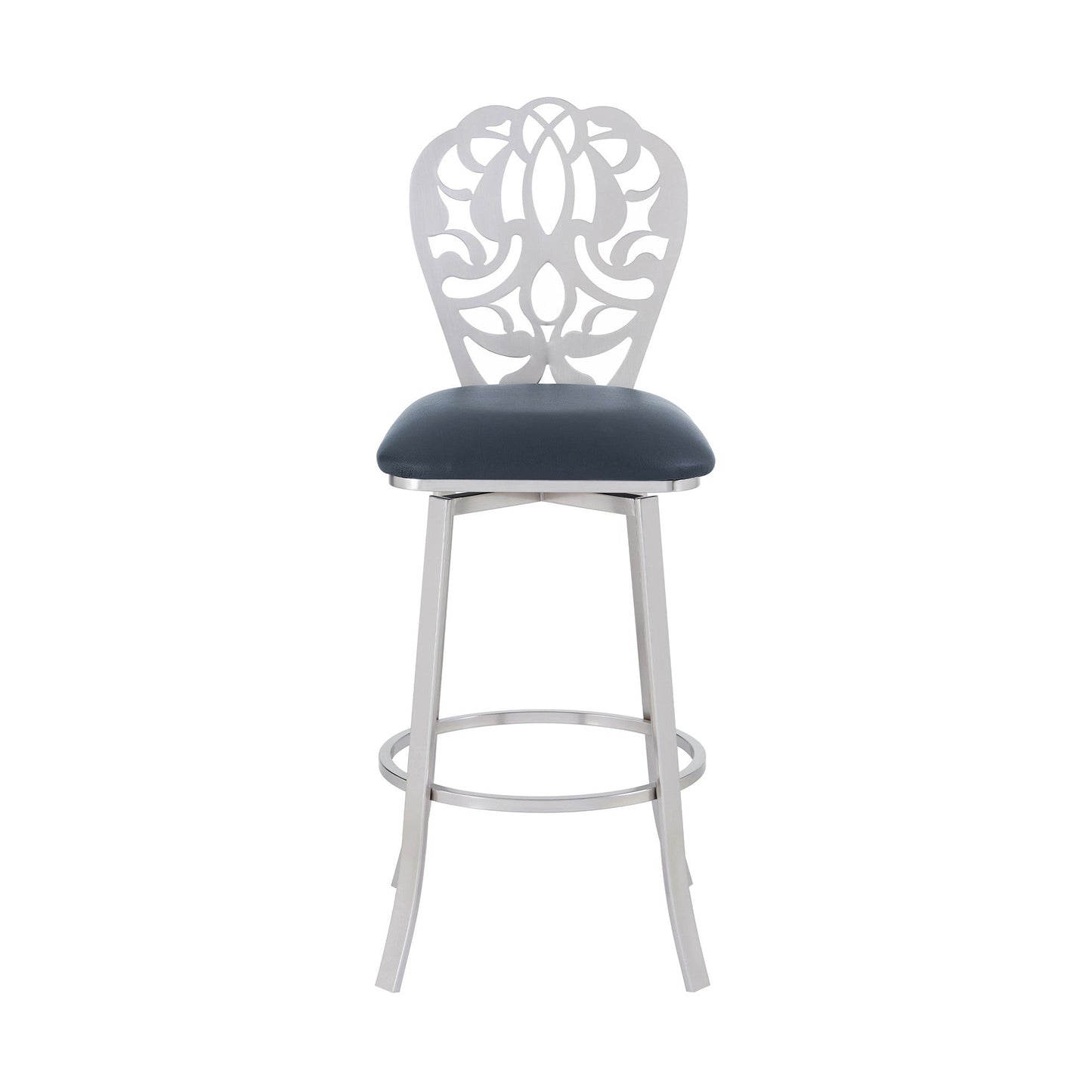 HomeRoots 30" Grey Faux Leather Scroll Brushed Stainless Steel Swivel Bar Stool