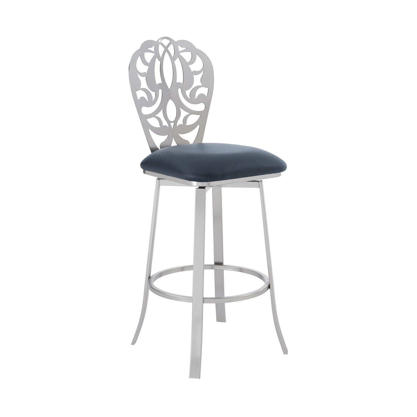 HomeRoots 30" Grey Faux Leather Scroll Brushed Stainless Steel Swivel Bar Stool