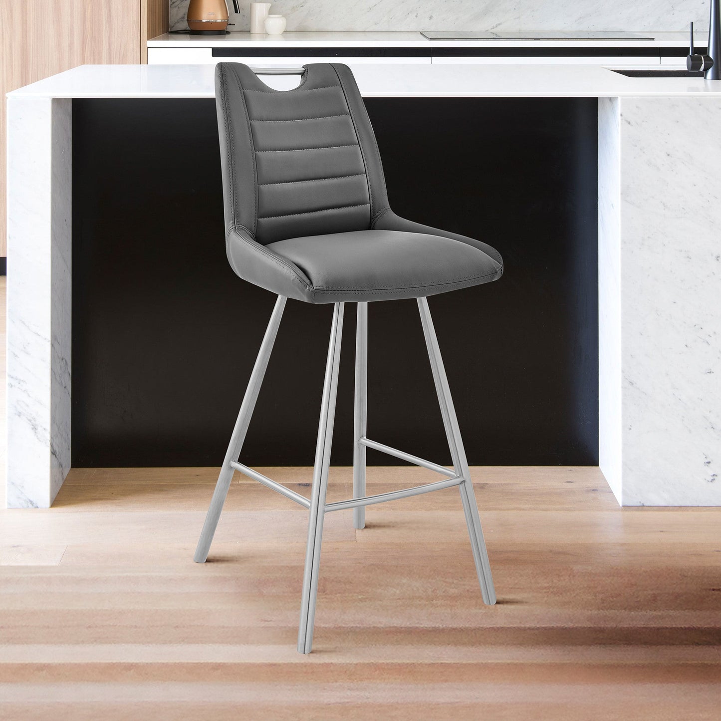 HomeRoots 30" Grey Faux Leather and Brushed Stainless Steel Bar Stool