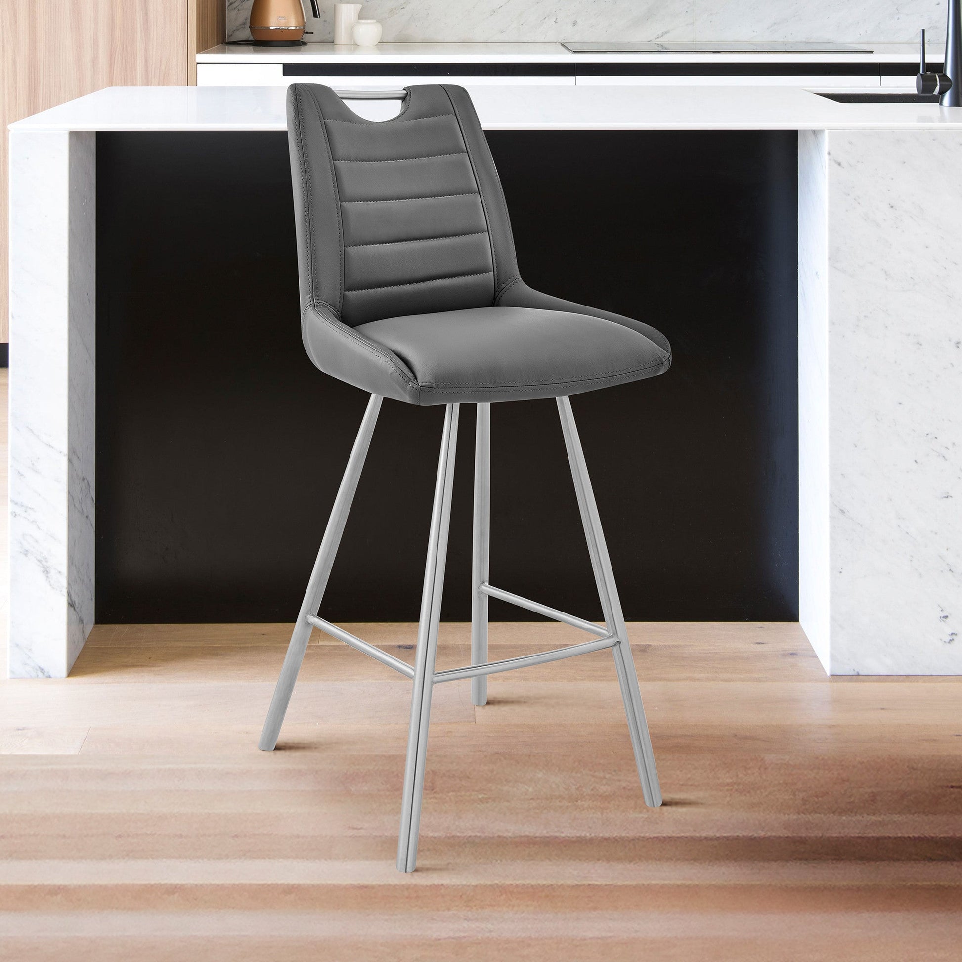 HomeRoots 30" Grey Faux Leather and Brushed Stainless Steel Bar Stool