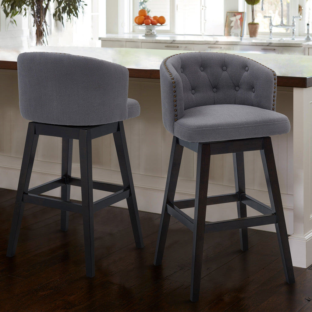 HomeRoots 30" Grey Tufted Fabric and Dark Espresso Wood Swivel Bar Stool