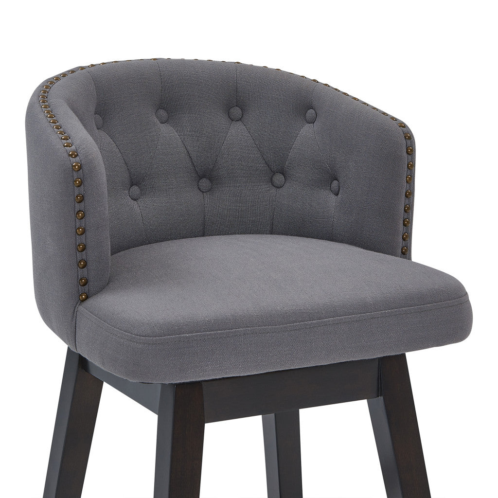 HomeRoots 30" Grey Tufted Fabric and Dark Espresso Wood Swivel Bar Stool