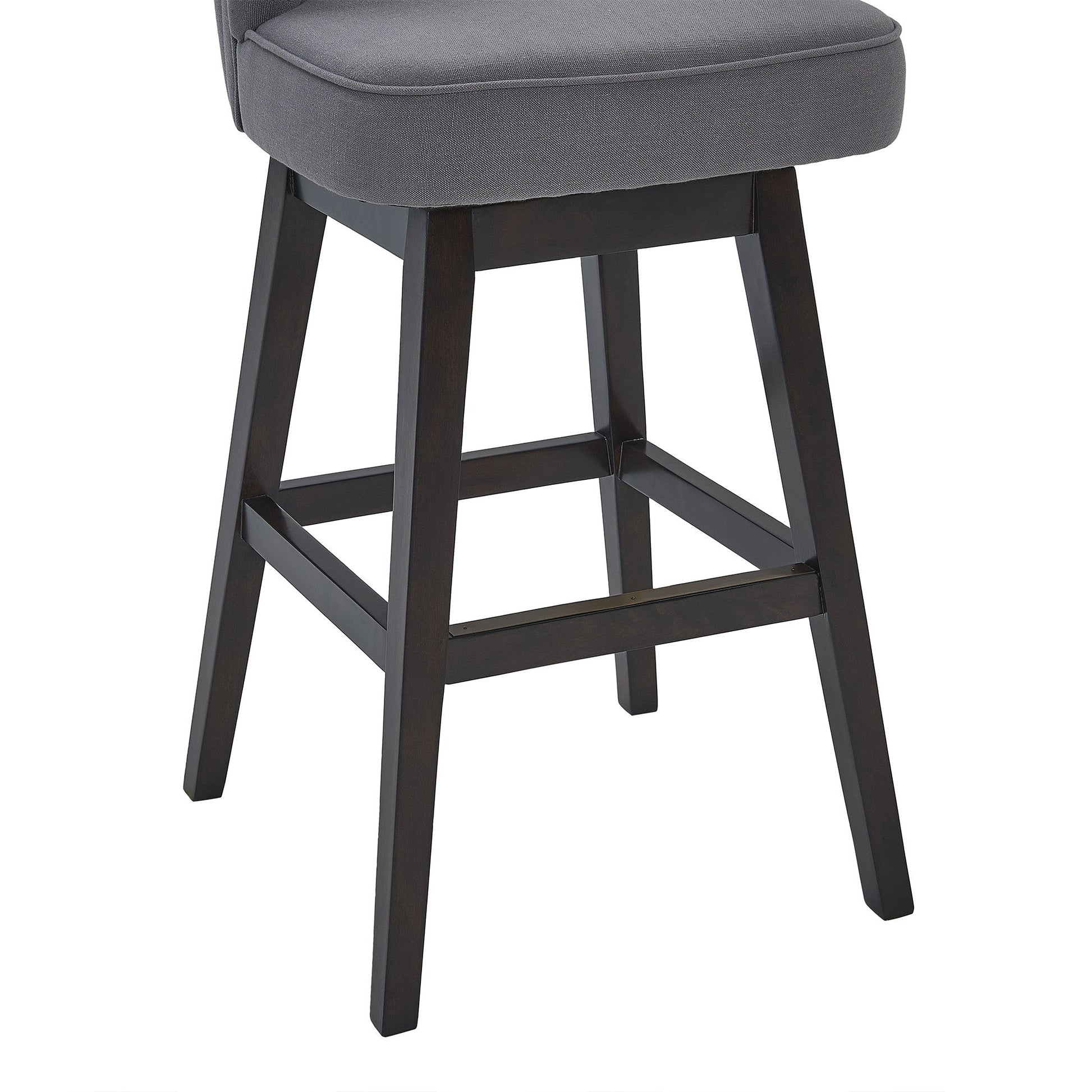 HomeRoots 30" Grey Tufted Fabric and Dark Espresso Wood Swivel Bar Stool