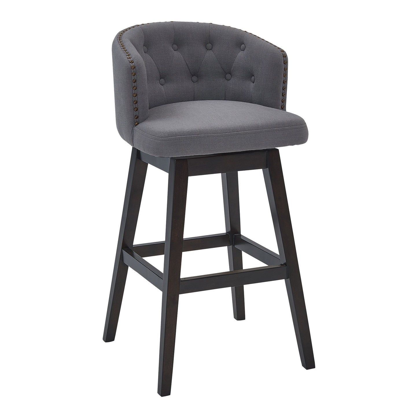 HomeRoots 30" Grey Tufted Fabric and Dark Espresso Wood Swivel Bar Stool