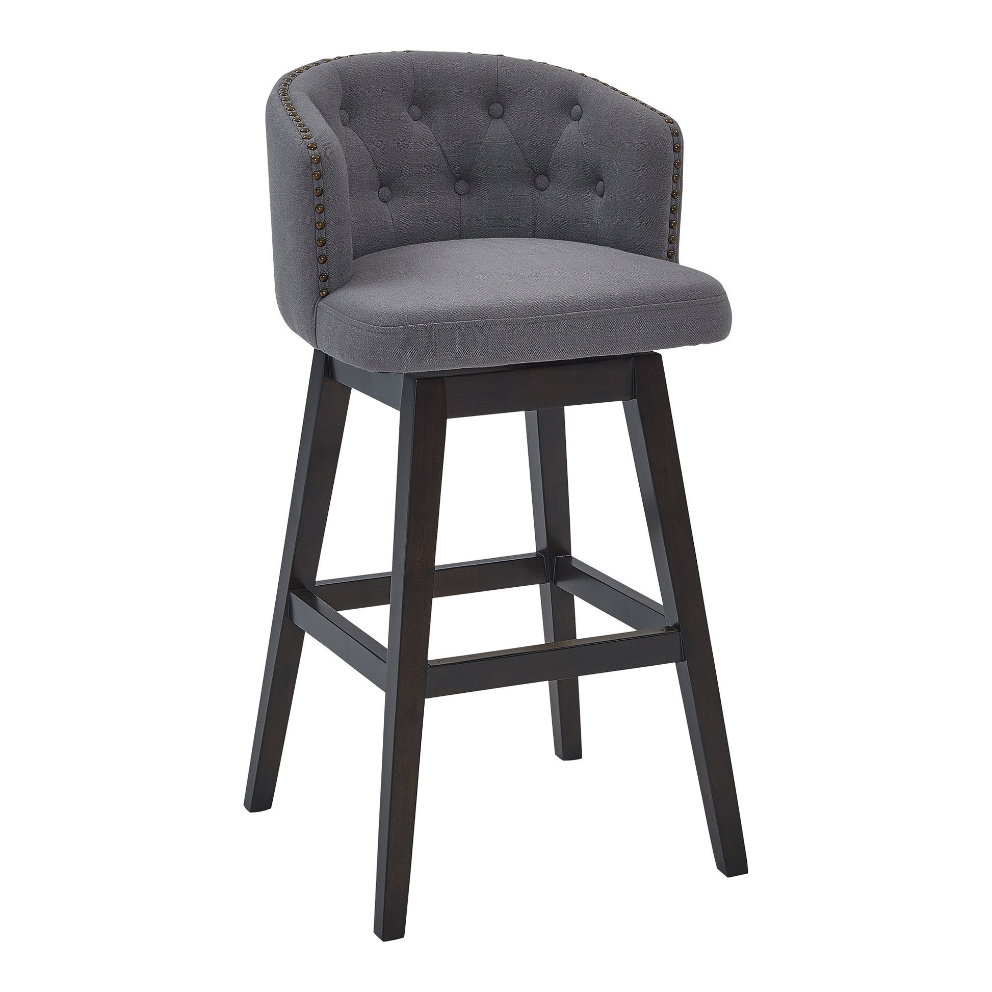 HomeRoots 30" Grey Tufted Fabric and Dark Espresso Wood Swivel Bar Stool