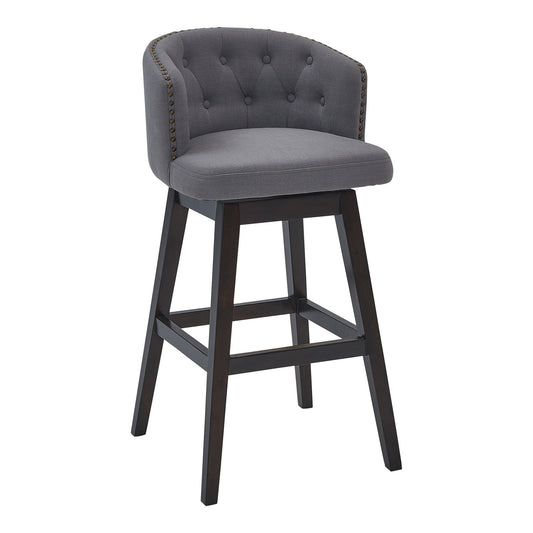 HomeRoots 30" Grey Tufted Fabric and Dark Espresso Wood Swivel Bar Stool