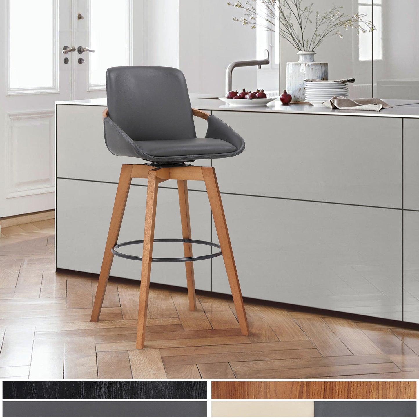 HomeRoots 30" Luxurious Grey Faux and Walnut Wood Swivel Bar Stool
