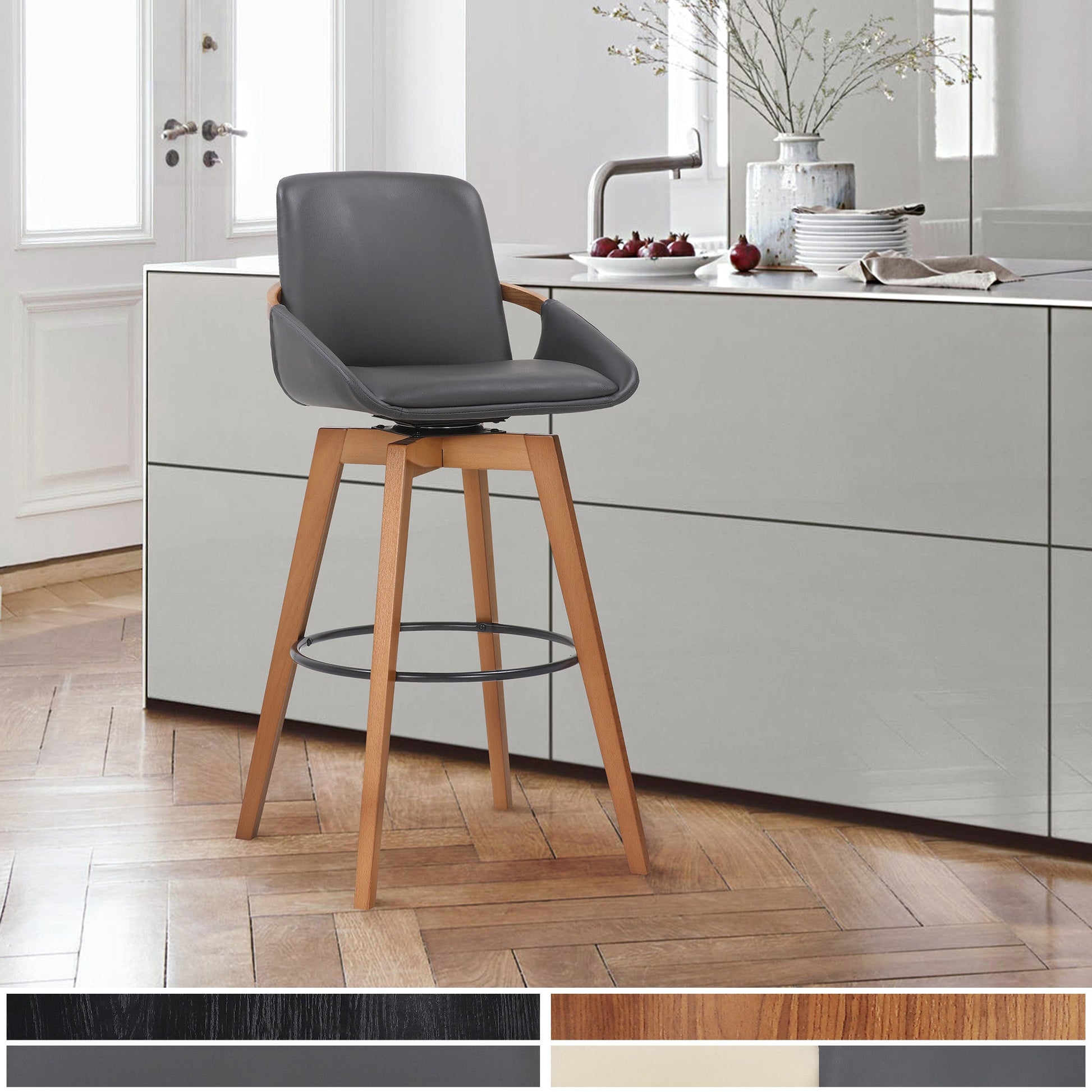 HomeRoots 30" Luxurious Grey Faux and Walnut Wood Swivel Bar Stool
