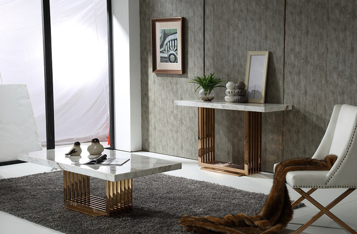 HomeRoots 30" Metal Console Table With Rosegold and Marble Finish