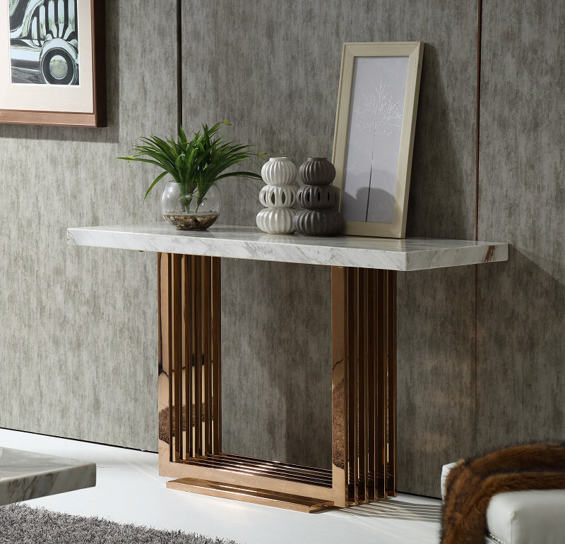 HomeRoots 30" Metal Console Table With Rosegold and Marble Finish