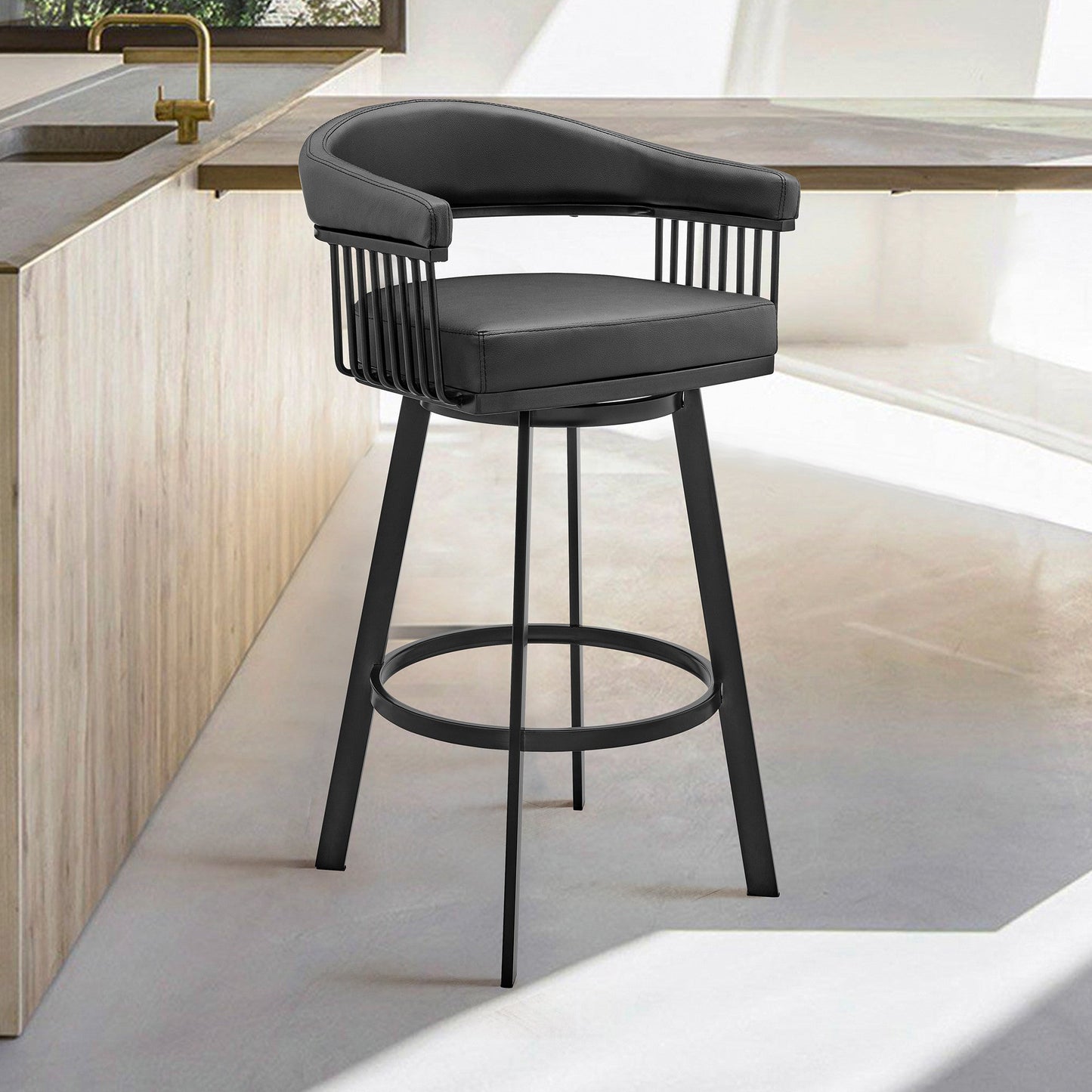 HomeRoots 30" Mod Black Faux Leather Black Finish Swivel Bar Stool
