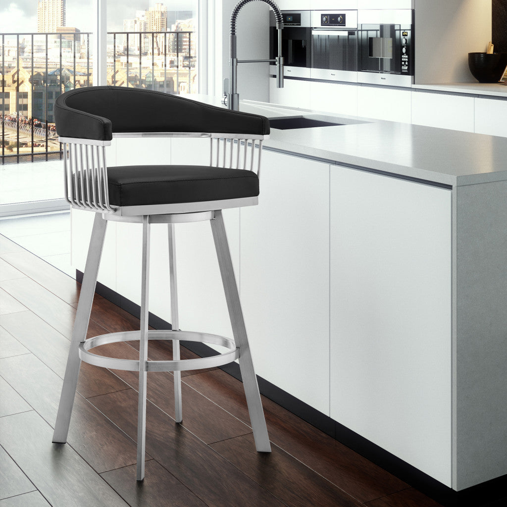 HomeRoots 30" Mod Black Faux Leather Brushed Silver Finish Swivel Bar Stool