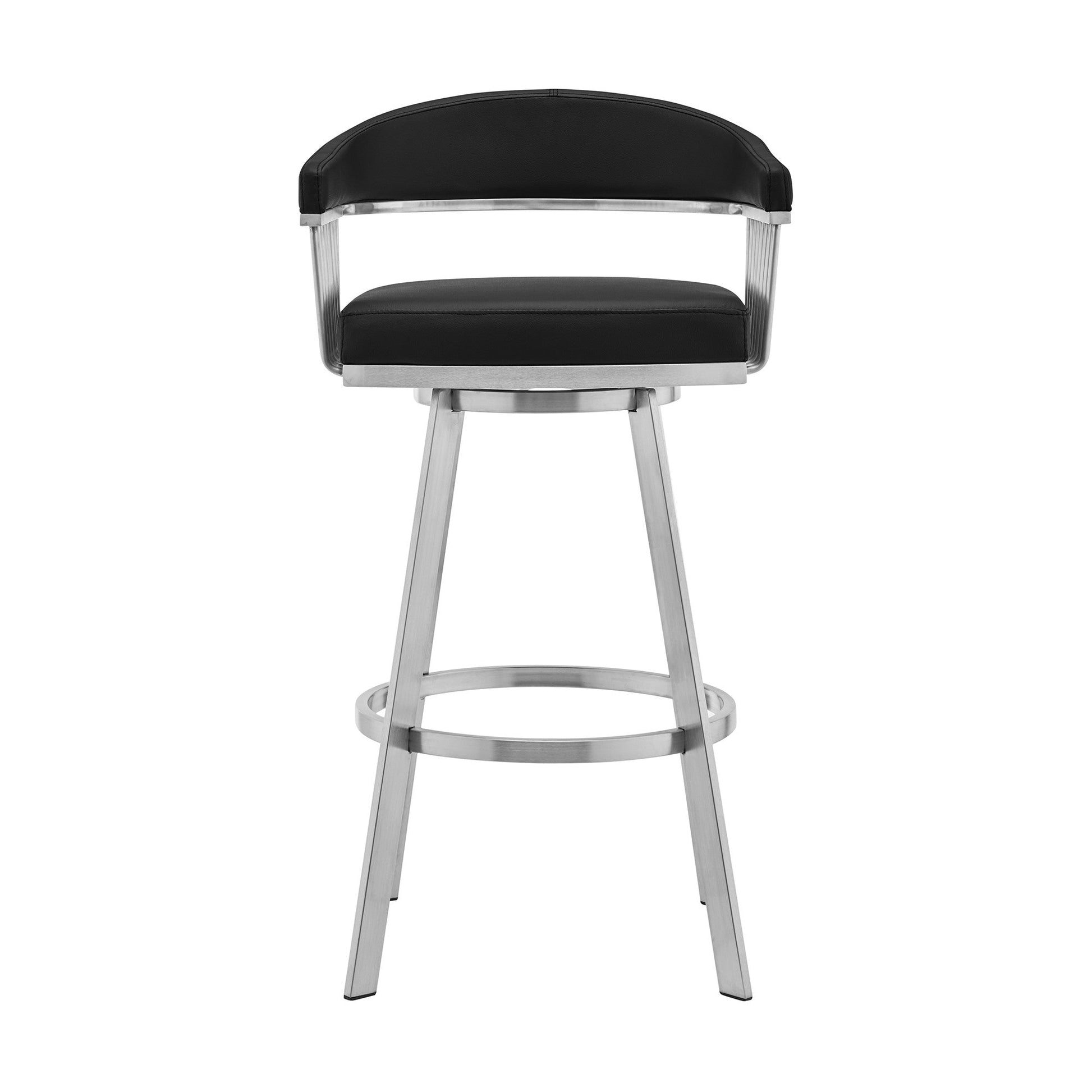 HomeRoots 30" Mod Black Faux Leather Brushed Silver Finish Swivel Bar Stool
