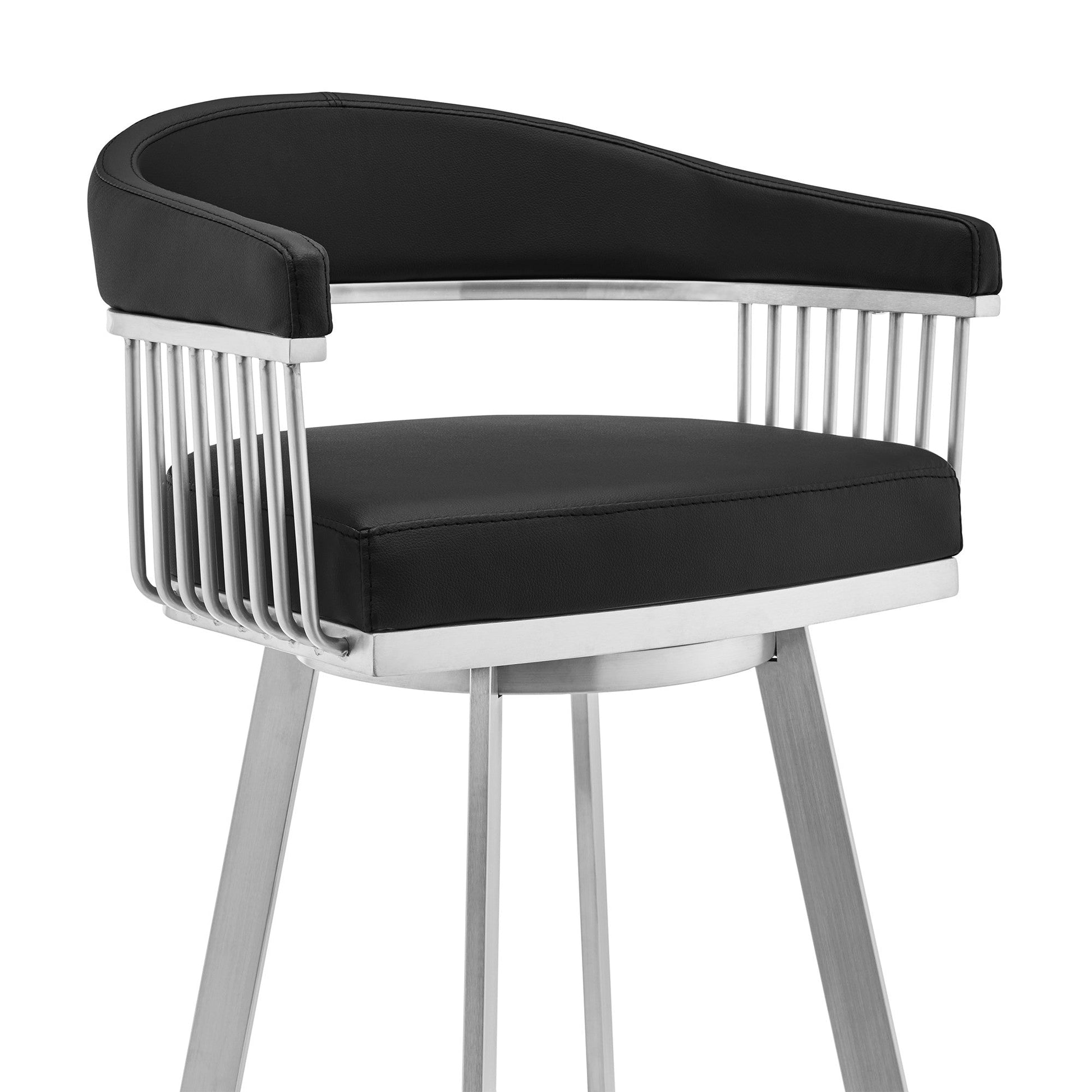 HomeRoots 30" Mod Black Faux Leather Brushed Silver Finish Swivel Bar Stool