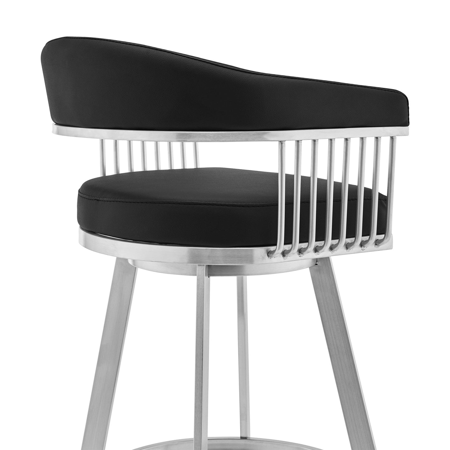 HomeRoots 30" Mod Black Faux Leather Brushed Silver Finish Swivel Bar Stool