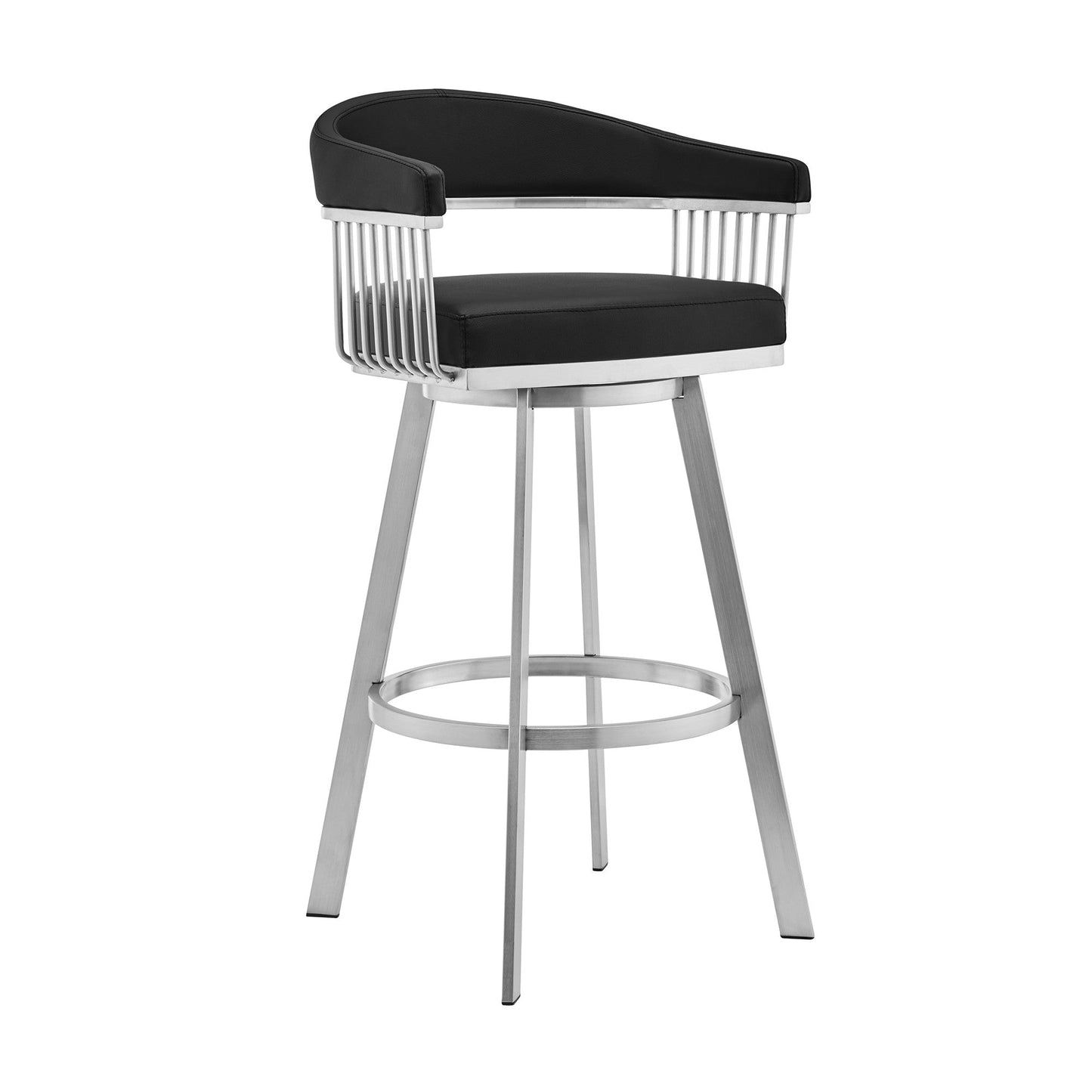 HomeRoots 30" Mod Black Faux Leather Brushed Silver Finish Swivel Bar Stool