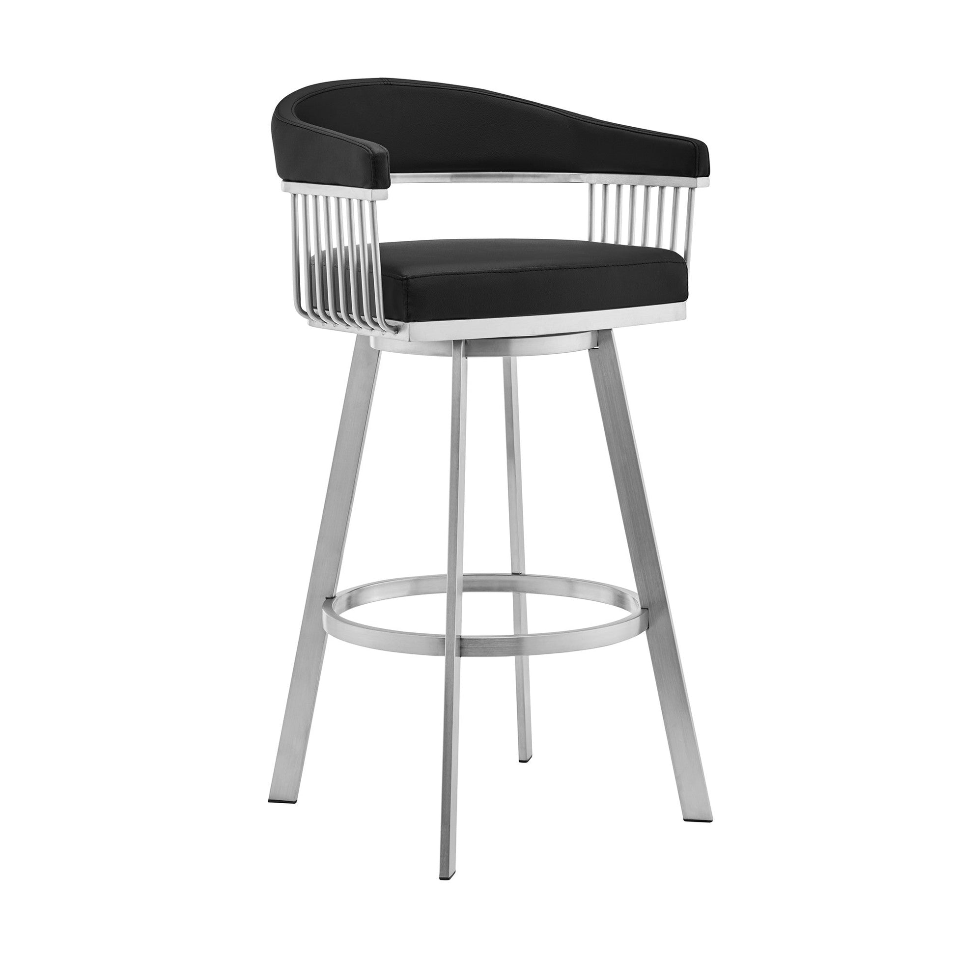 HomeRoots 30" Mod Black Faux Leather Brushed Silver Finish Swivel Bar Stool