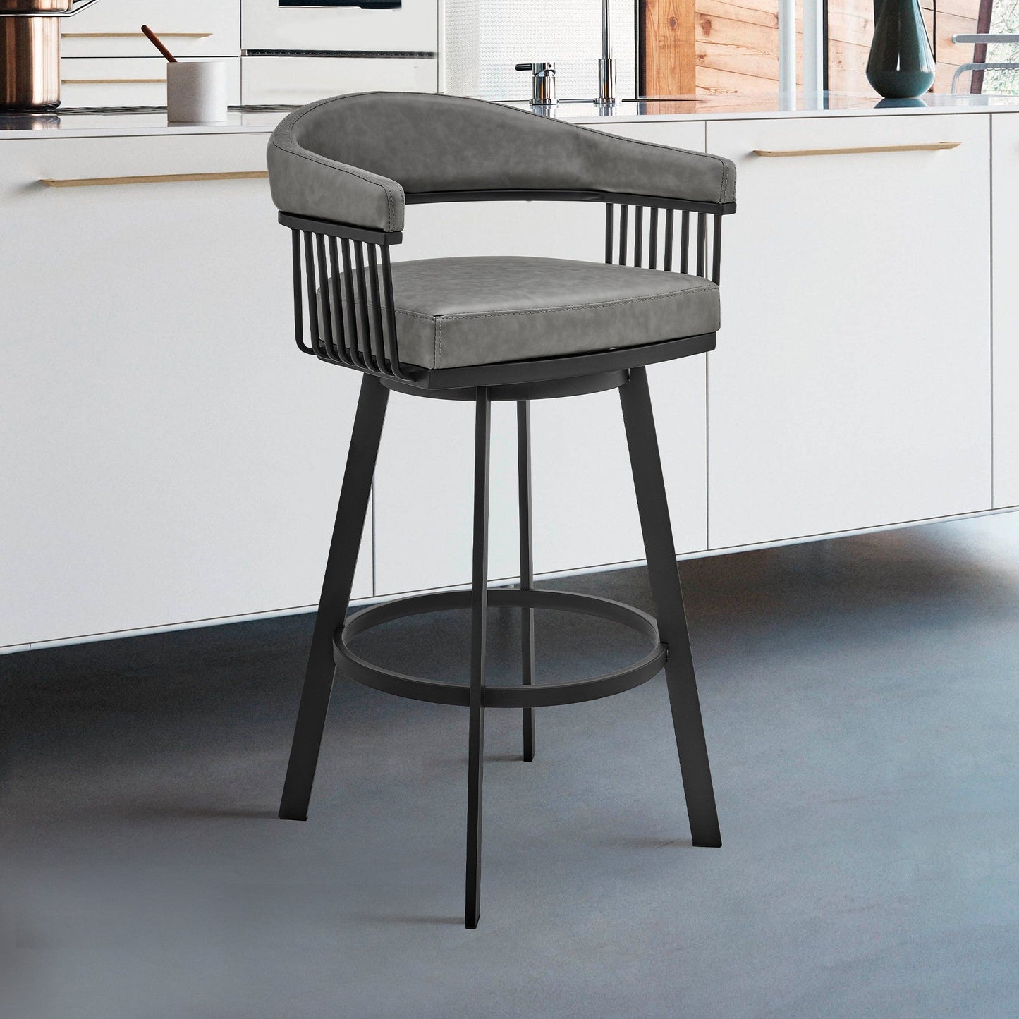 HomeRoots 30" Mod Gray Faux Leather Black Finish Swivel Bar Stool