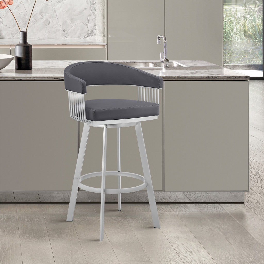 HomeRoots 30" Mod Slate Grey Faux Leather Silver Finish Swivel Bar Stool