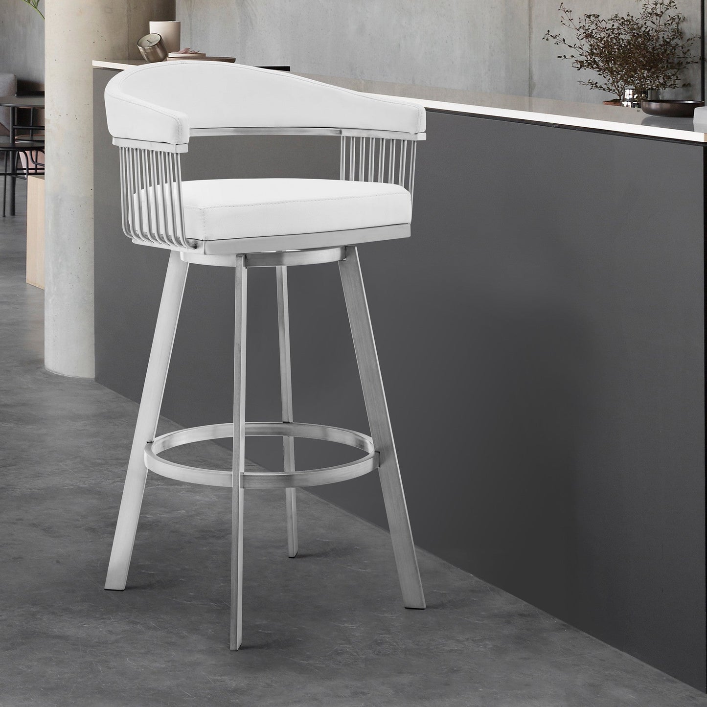 HomeRoots 30" Mod White Faux Leather Brushed Silver Finish Swivel Bar Stool