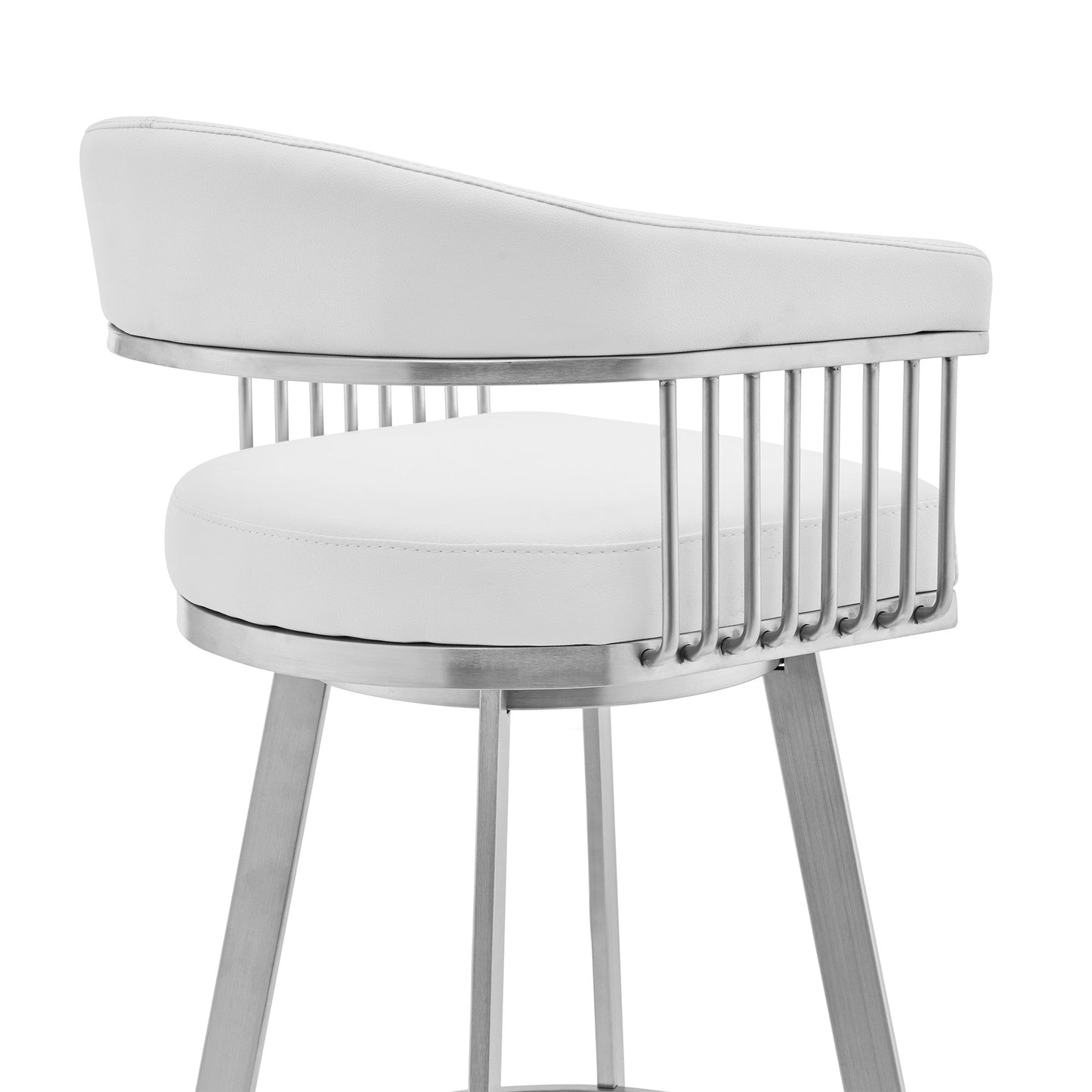 HomeRoots 30" Mod White Faux Leather Brushed Silver Finish Swivel Bar Stool