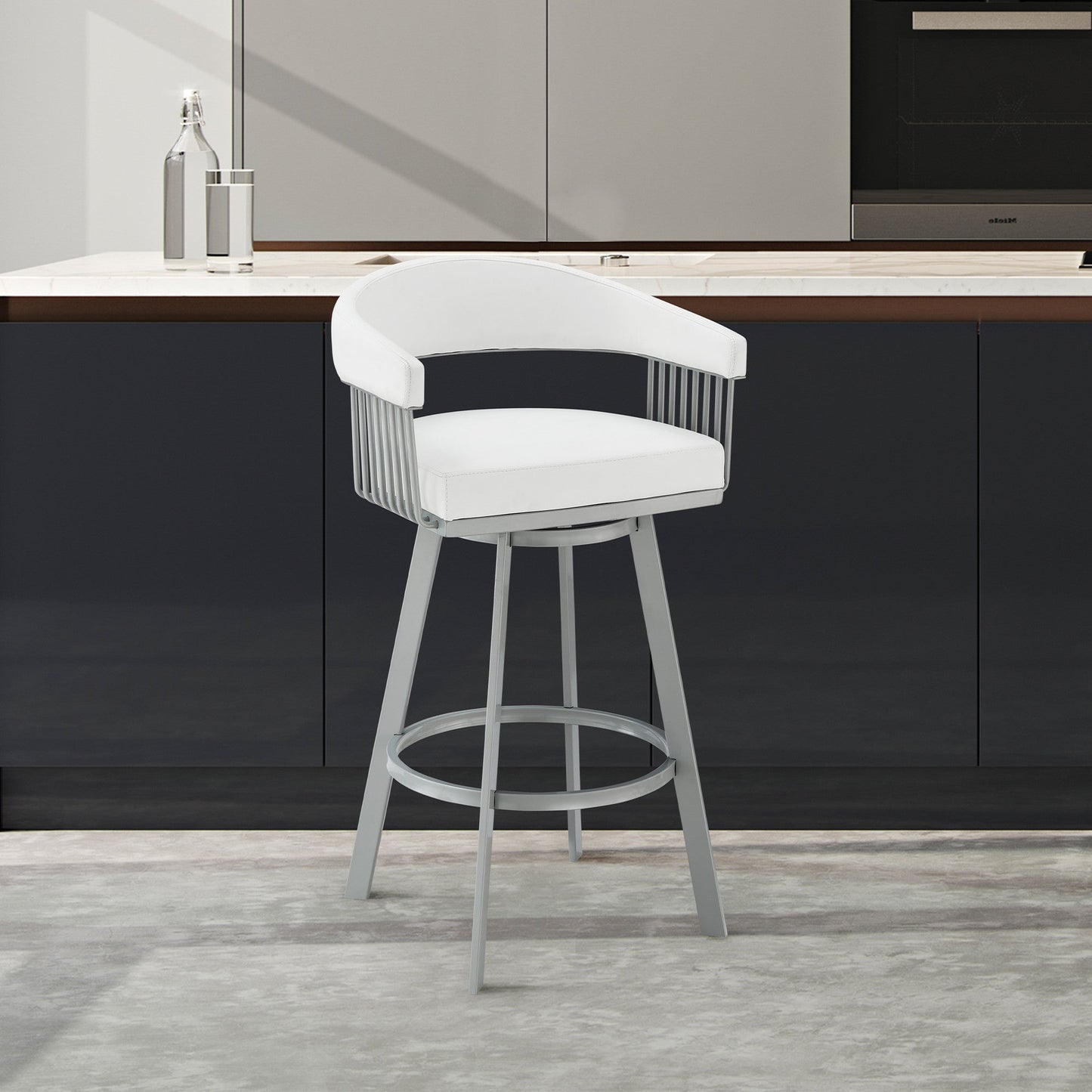HomeRoots 30" Mod White Faux Leather Silver Finish Swivel Bar Stool