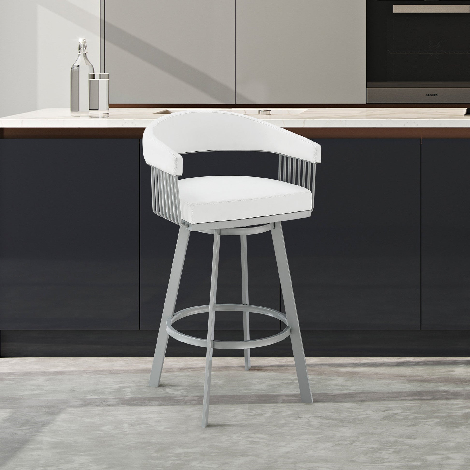 HomeRoots 30" Mod White Faux Leather Silver Finish Swivel Bar Stool