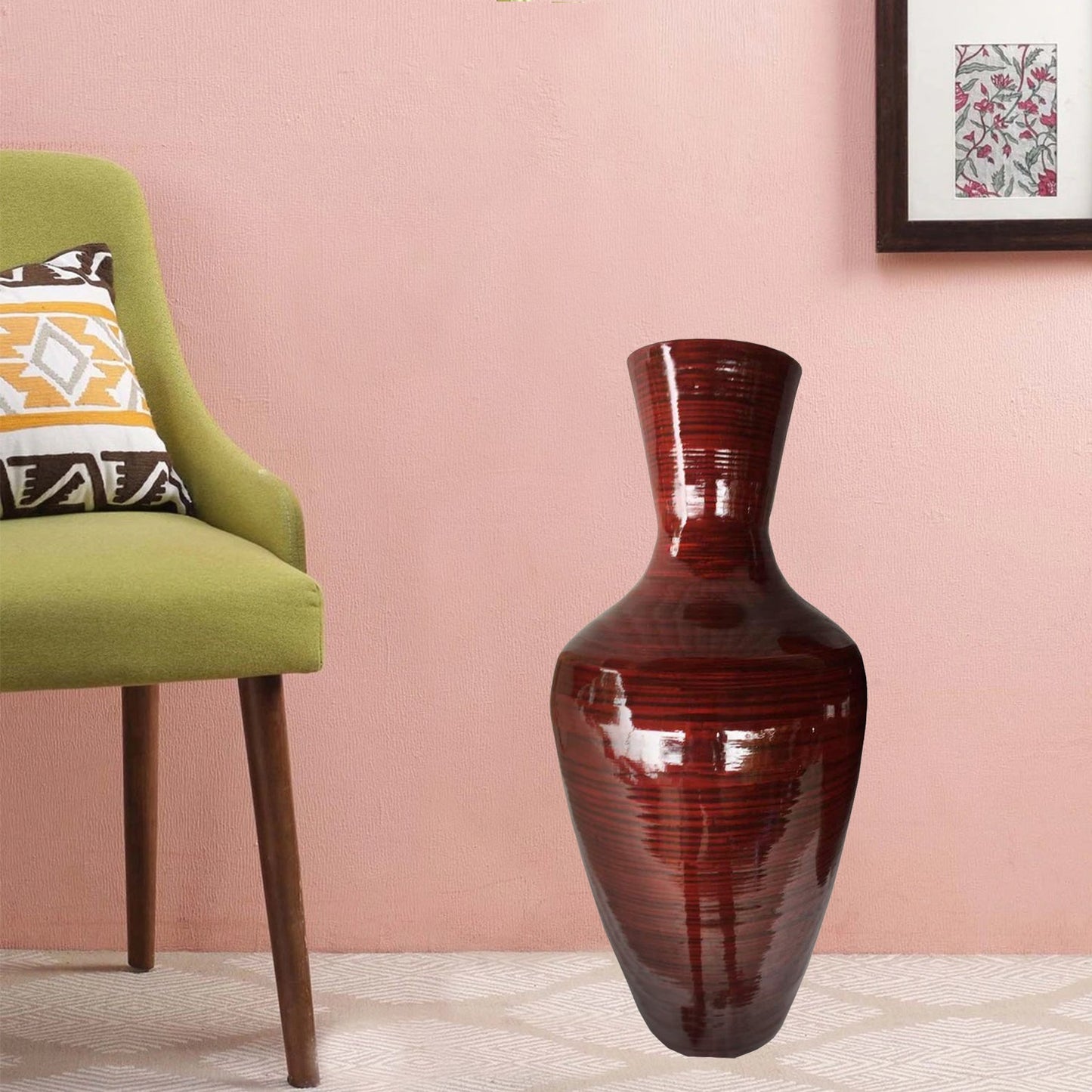 HomeRoots 30" Red Lacquer Spun Bamboo Floor Vase