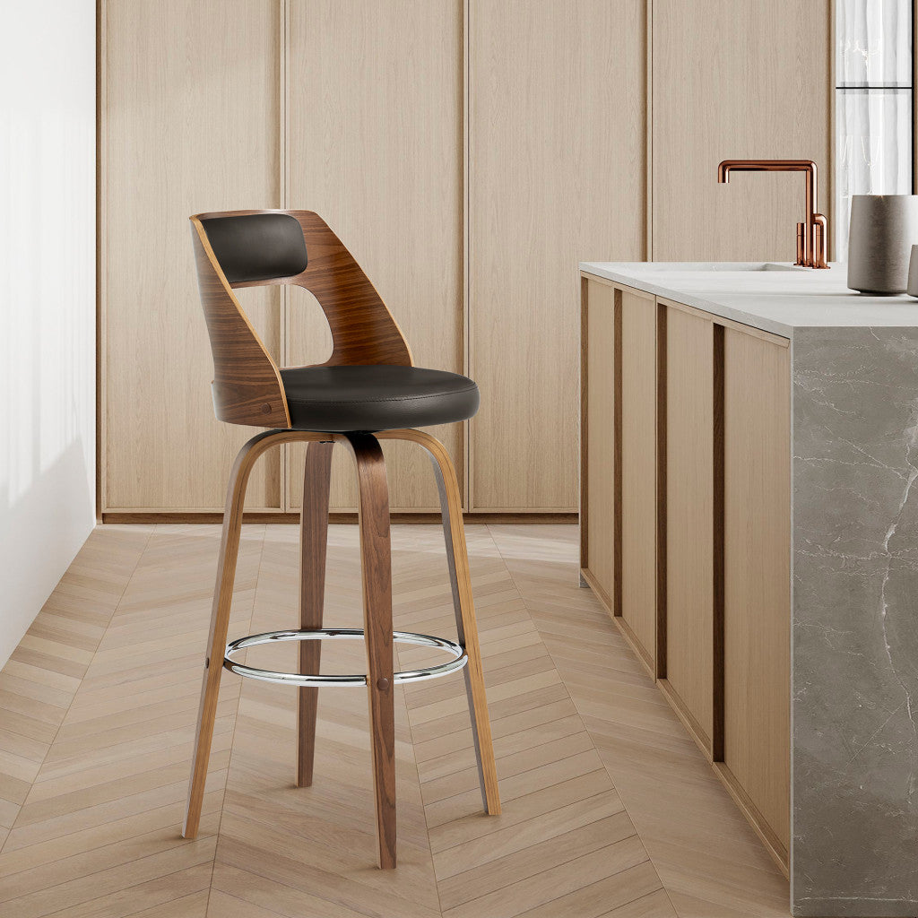 HomeRoots 30" Retro Mod Brown Faux Leather and Walnut Swivel Counter Stool