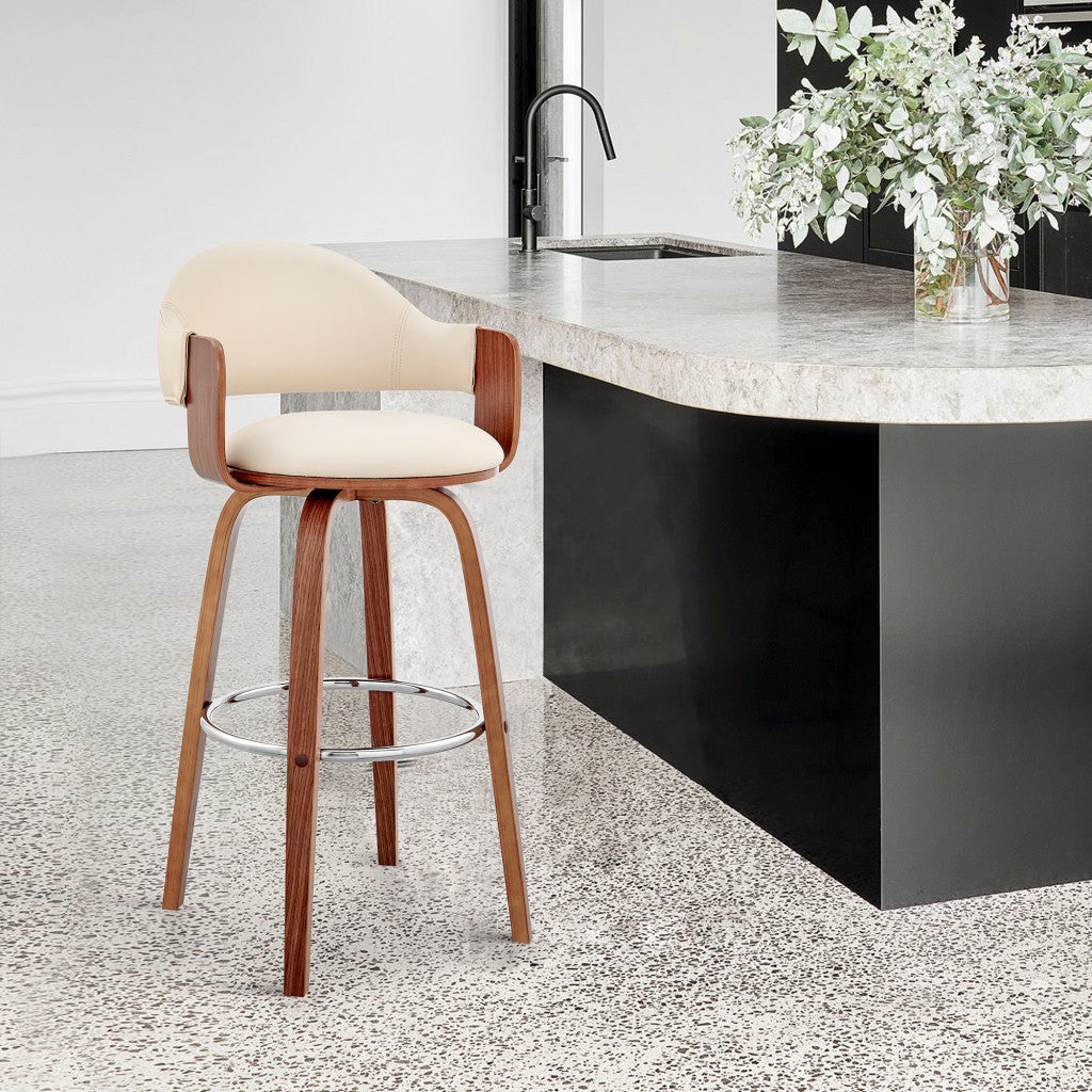 HomeRoots 30" Rich Cream Faux Leather Walnut Wood Bar Stool
