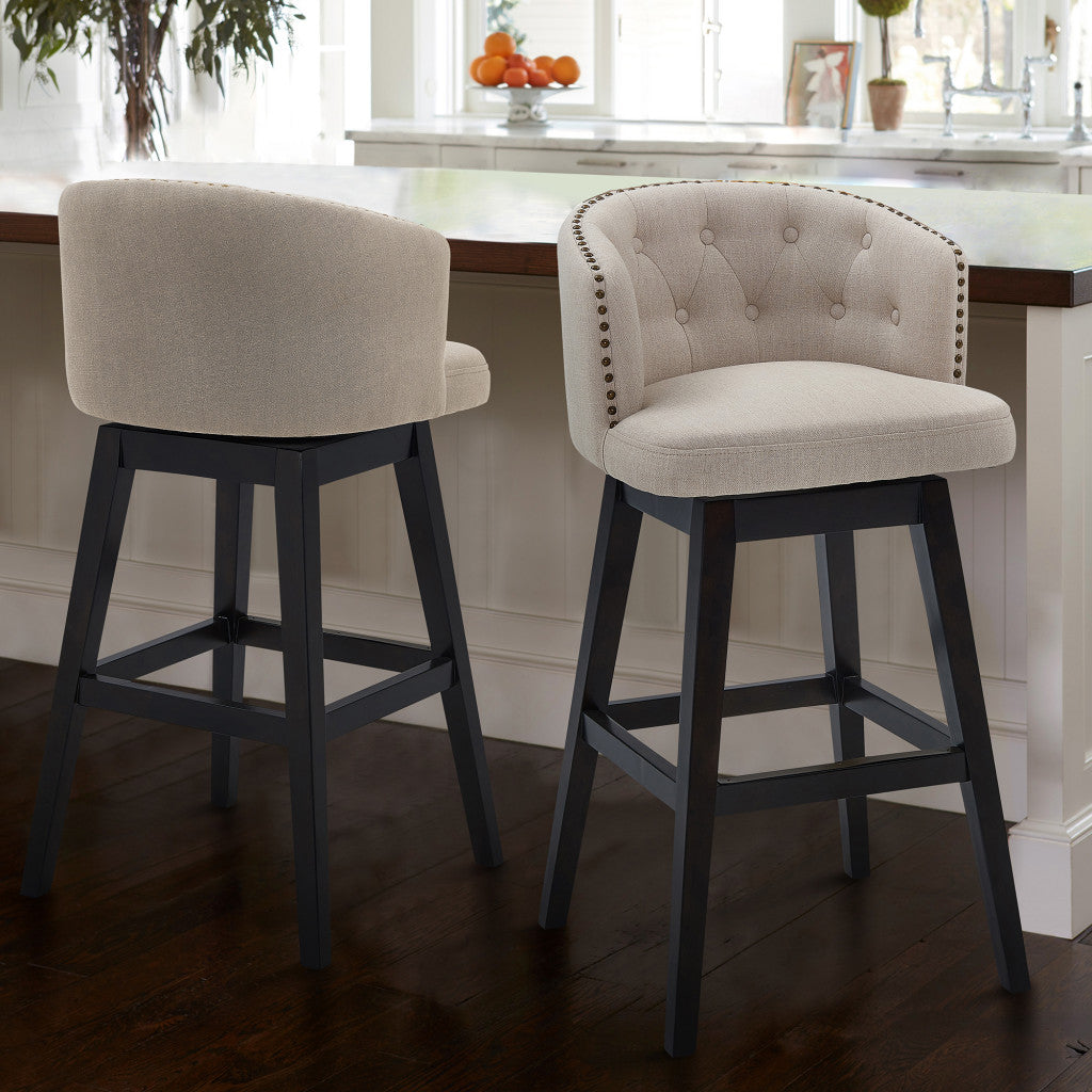 HomeRoots 30" Tan Tufted Fabric and Dark Espresso Wood Swivel Bar Stool