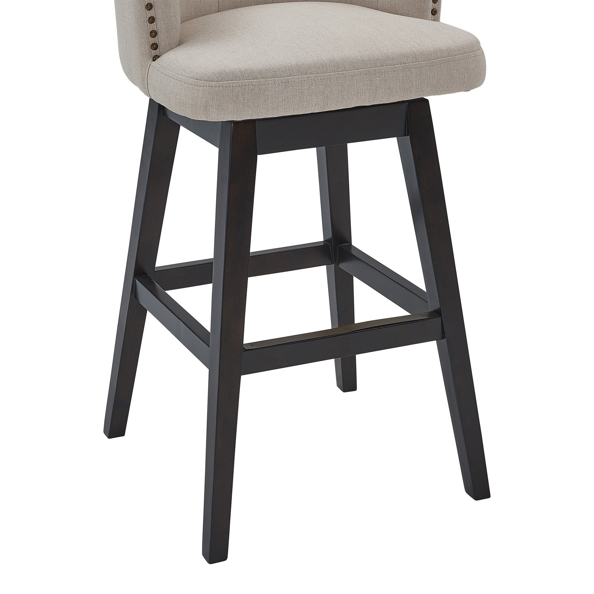 HomeRoots 30" Tan Tufted Fabric and Dark Espresso Wood Swivel Bar Stool