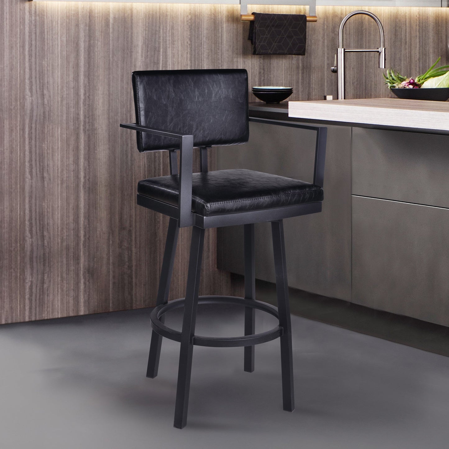 HomeRoots 30" Vintage Black on Black Faux Leather Rectangular Swivel Barstool