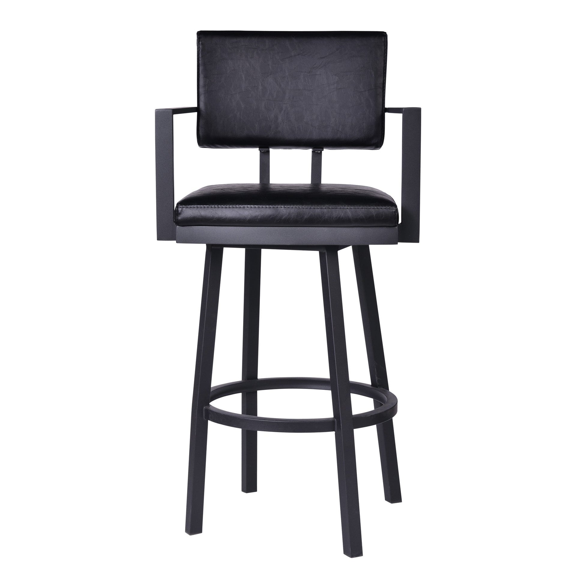 HomeRoots 30" Vintage Black on Black Faux Leather Rectangular Swivel Barstool