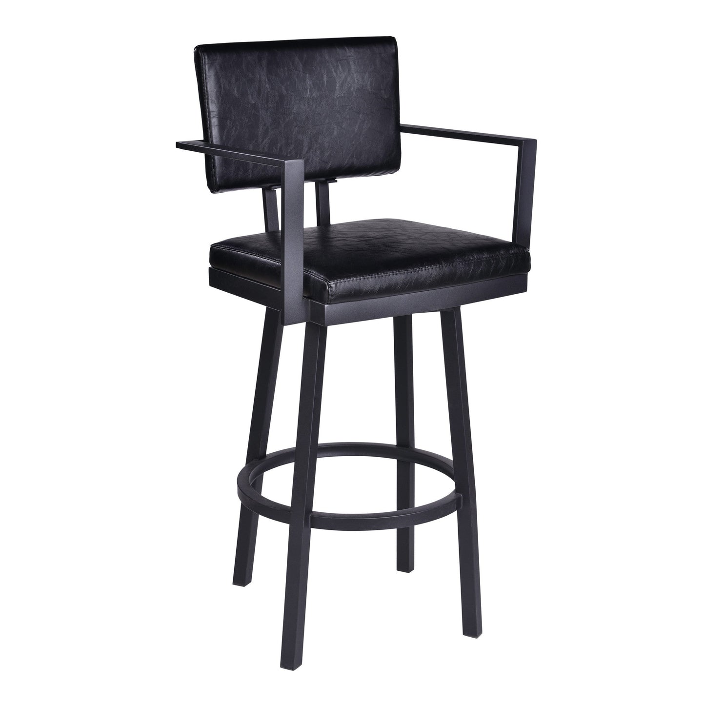 HomeRoots 30" Vintage Black on Black Faux Leather Rectangular Swivel Barstool