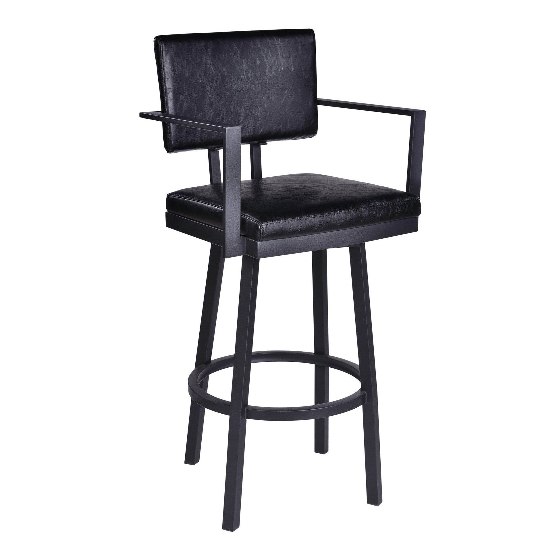 HomeRoots 30" Vintage Black on Black Faux Leather Rectangular Swivel Barstool