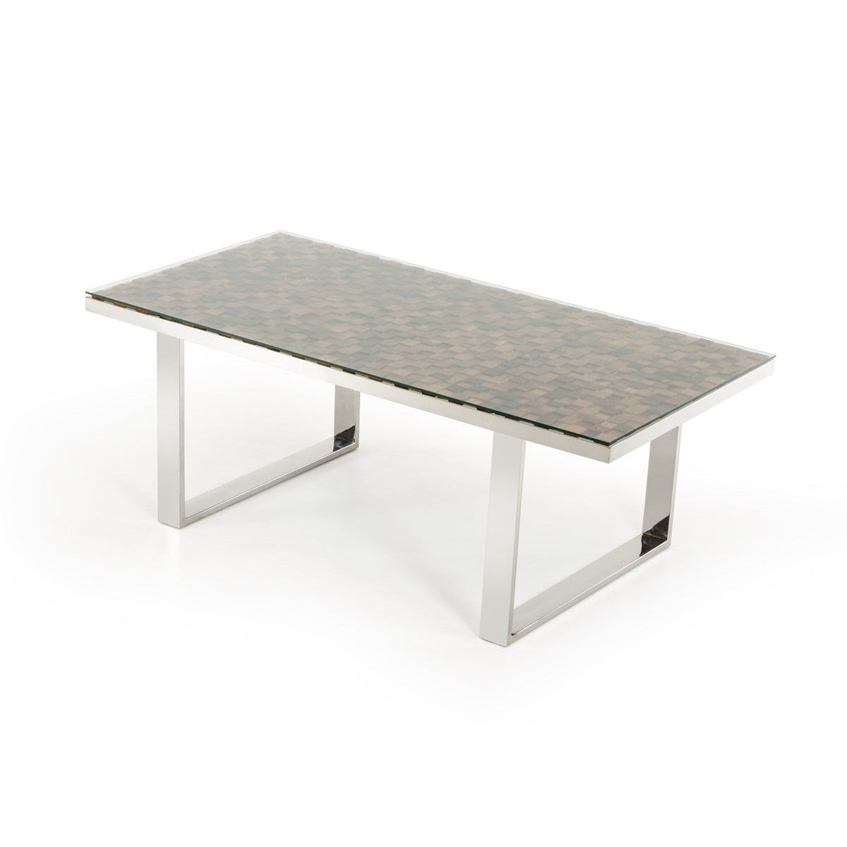 HomeRoots 30" Wood Mosaic Steel And Glass Dining Table