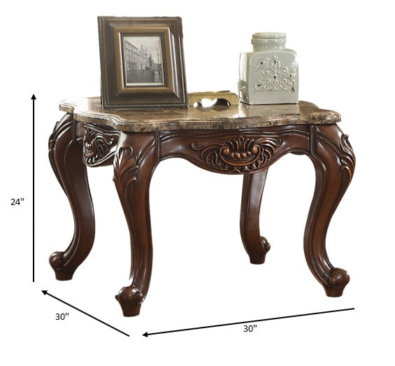 HomeRoots 30" x 30" x 24" Cherry Oak Wood End Table With Faux Marble Finish