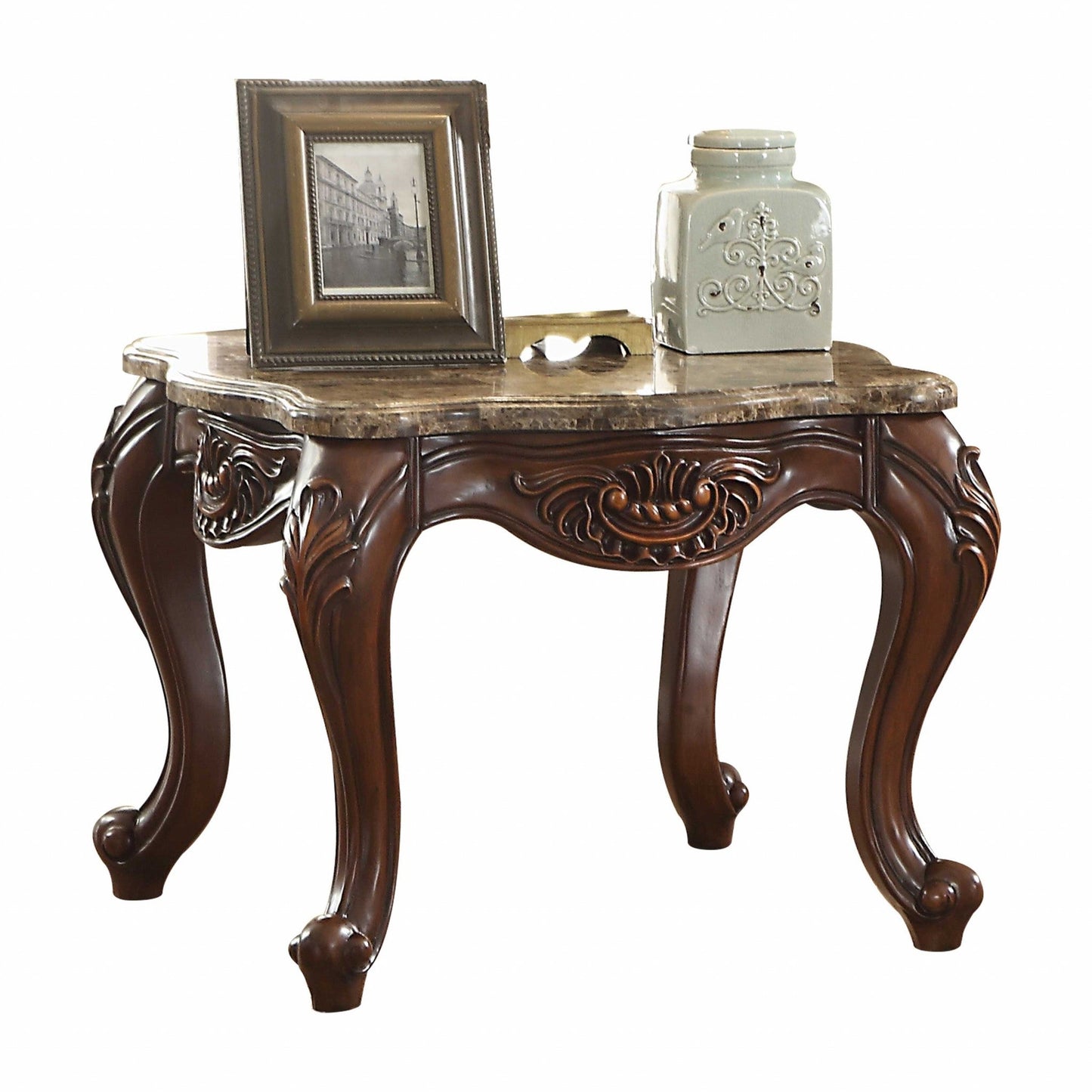 HomeRoots 30" x 30" x 24" Cherry Oak Wood End Table With Faux Marble Finish