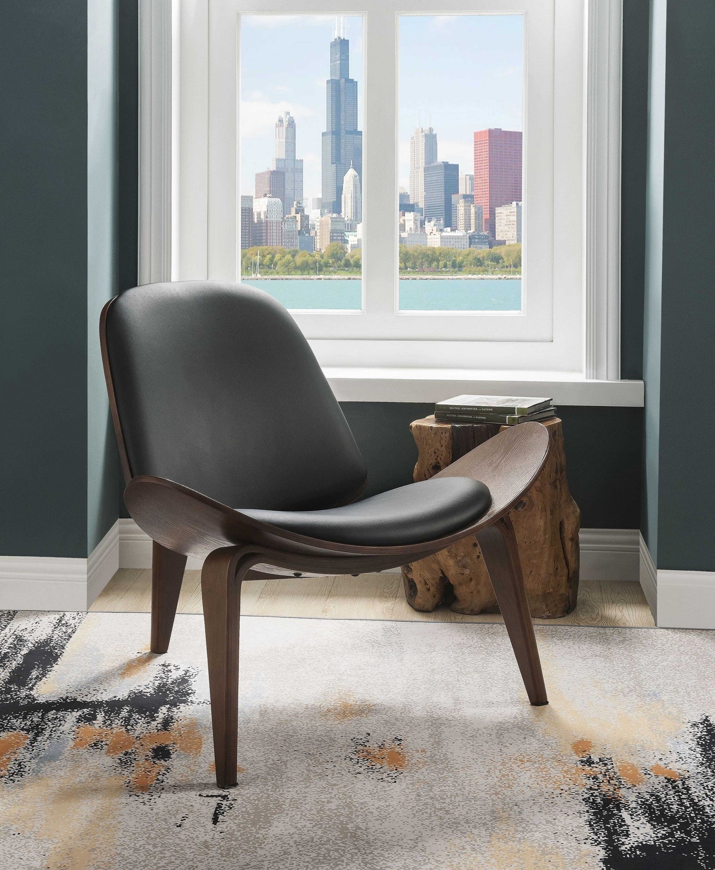 HomeRoots 30" x 36" x 30" Black Bonded Leather Walnut Wood Upholstered (Seat) Accent Chair